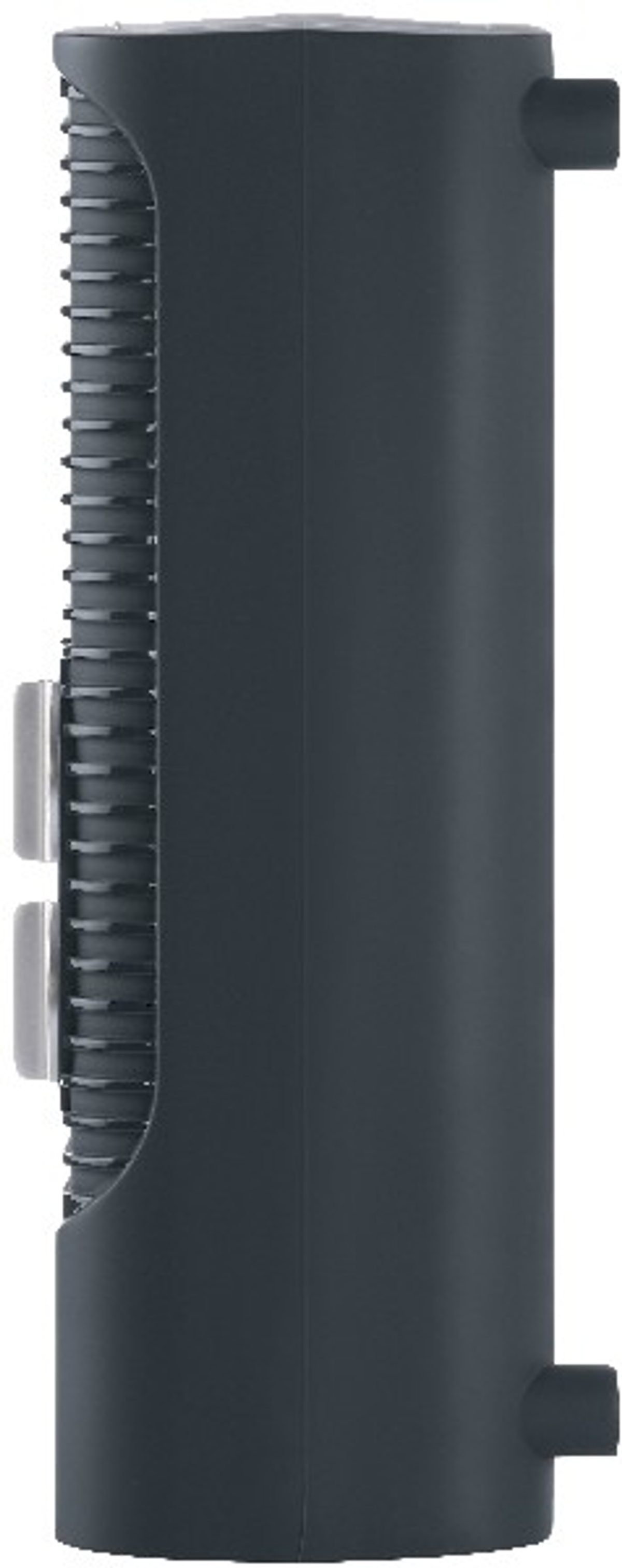 Widok z boku ciemnoszarego grzejnika z pionowymi szczelinami i dwoma srebrnymi uchwytami.