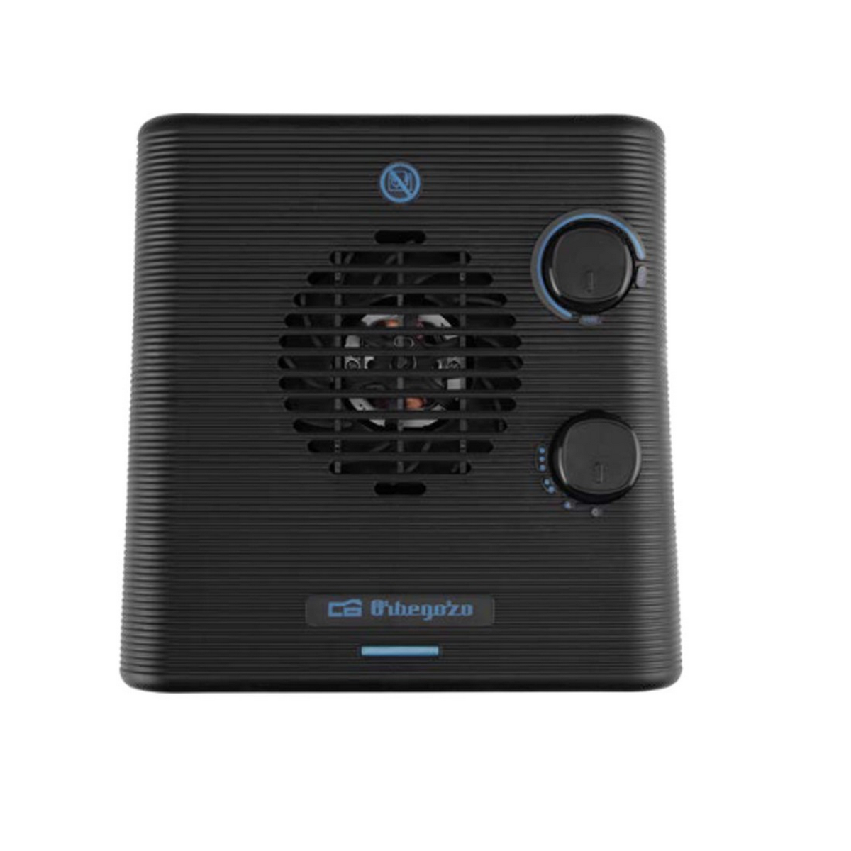 Czarny grzejnik elektryczny z dwoma pokrętłami i wentylatorem. Marka to Orbegozo.