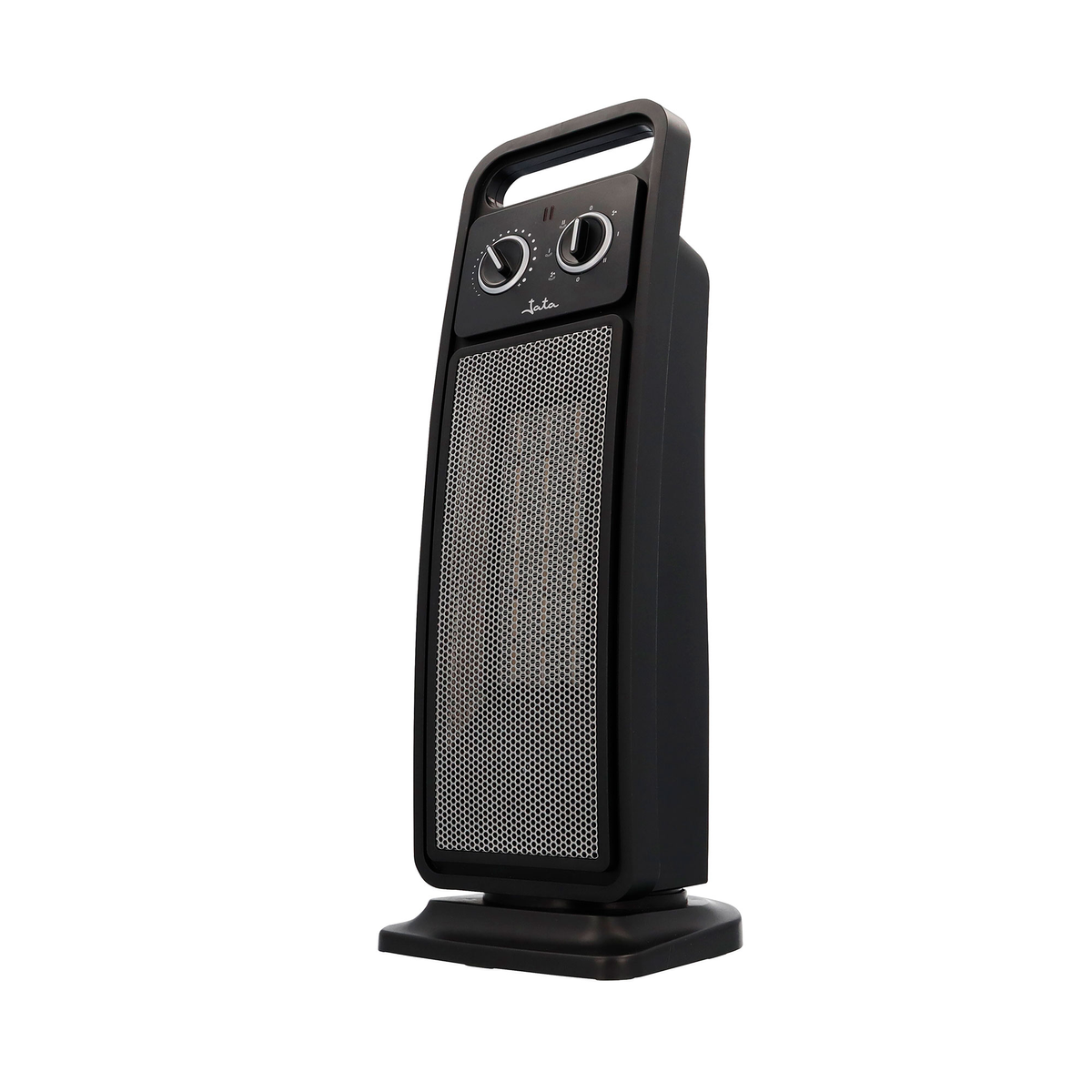 Calentador eléctrico negro con asa. La malla plateada cubre la parte calefactora.