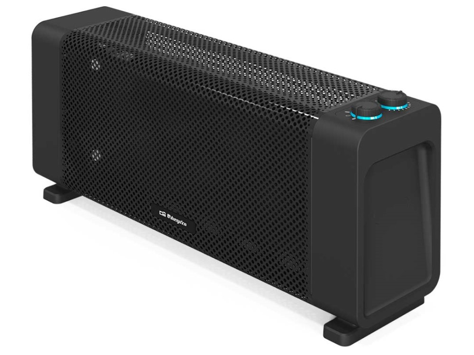 Czarny prostokątny grzejnik z siatkowym przodem i dwoma pokrętłami.