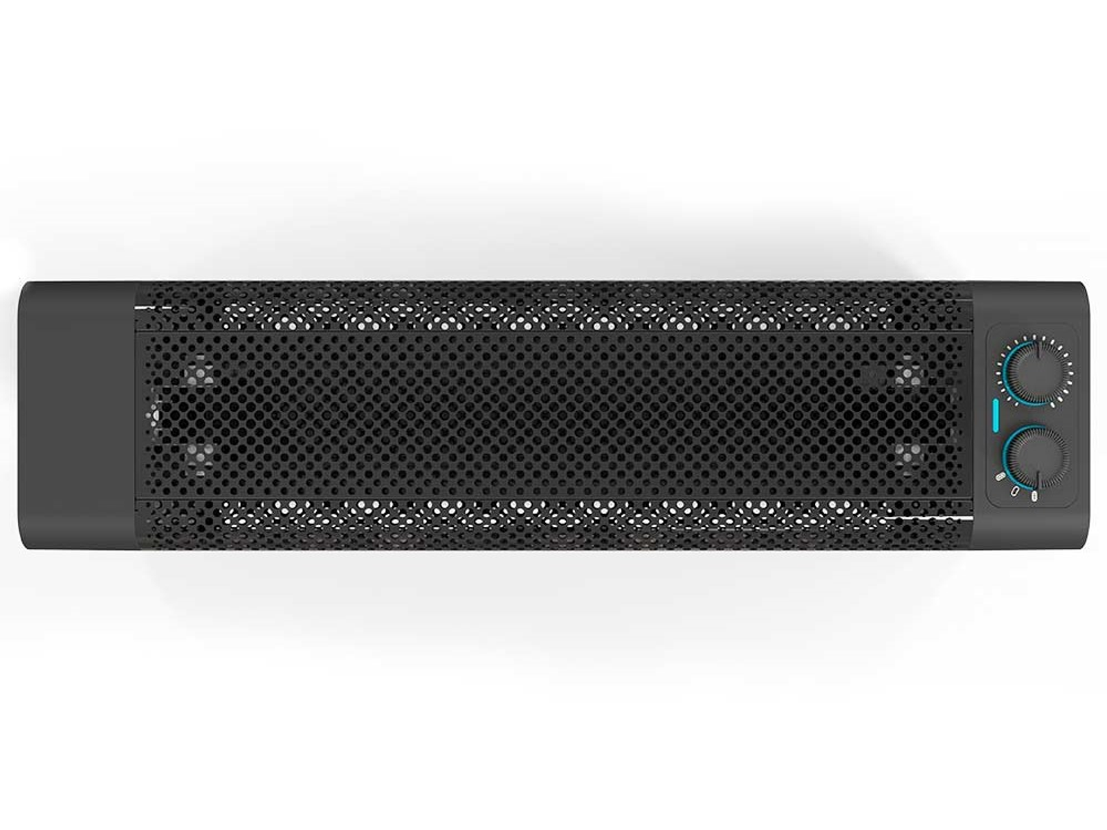 Czarny oczyszczacz powietrza z perforowaną kratką i pokrętłami sterowania.