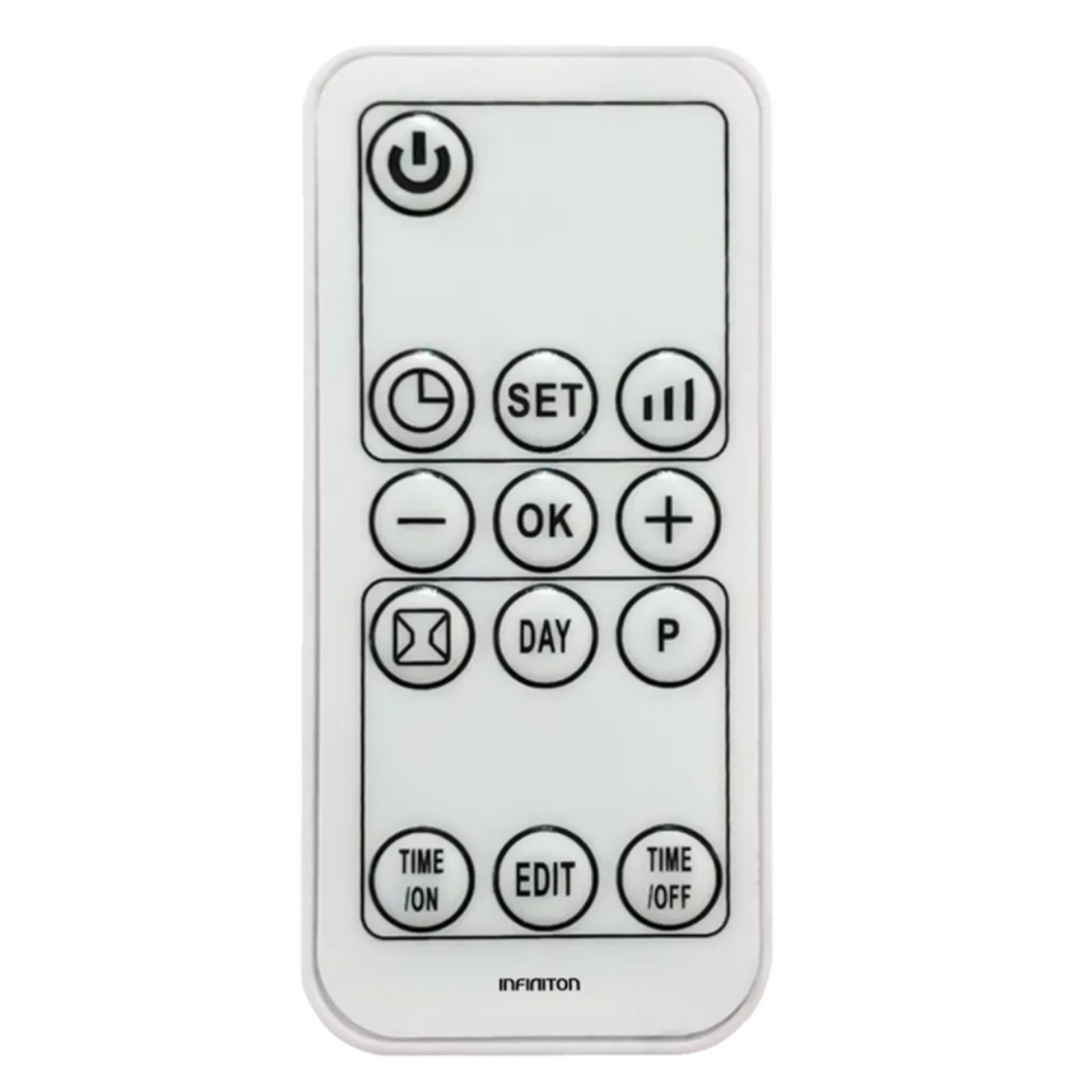 Mando a distancia blanco con múltiples botones, incluyendo opciones de encendido, configuración y tiempo.