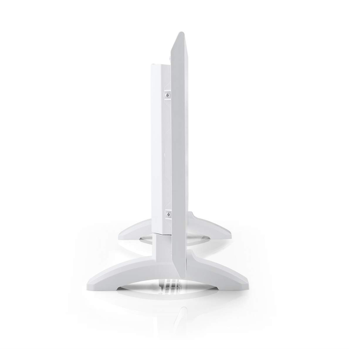 Un calefactor eléctrico blanco, visto de lado, sobre una superficie blanca. Base curvada.
