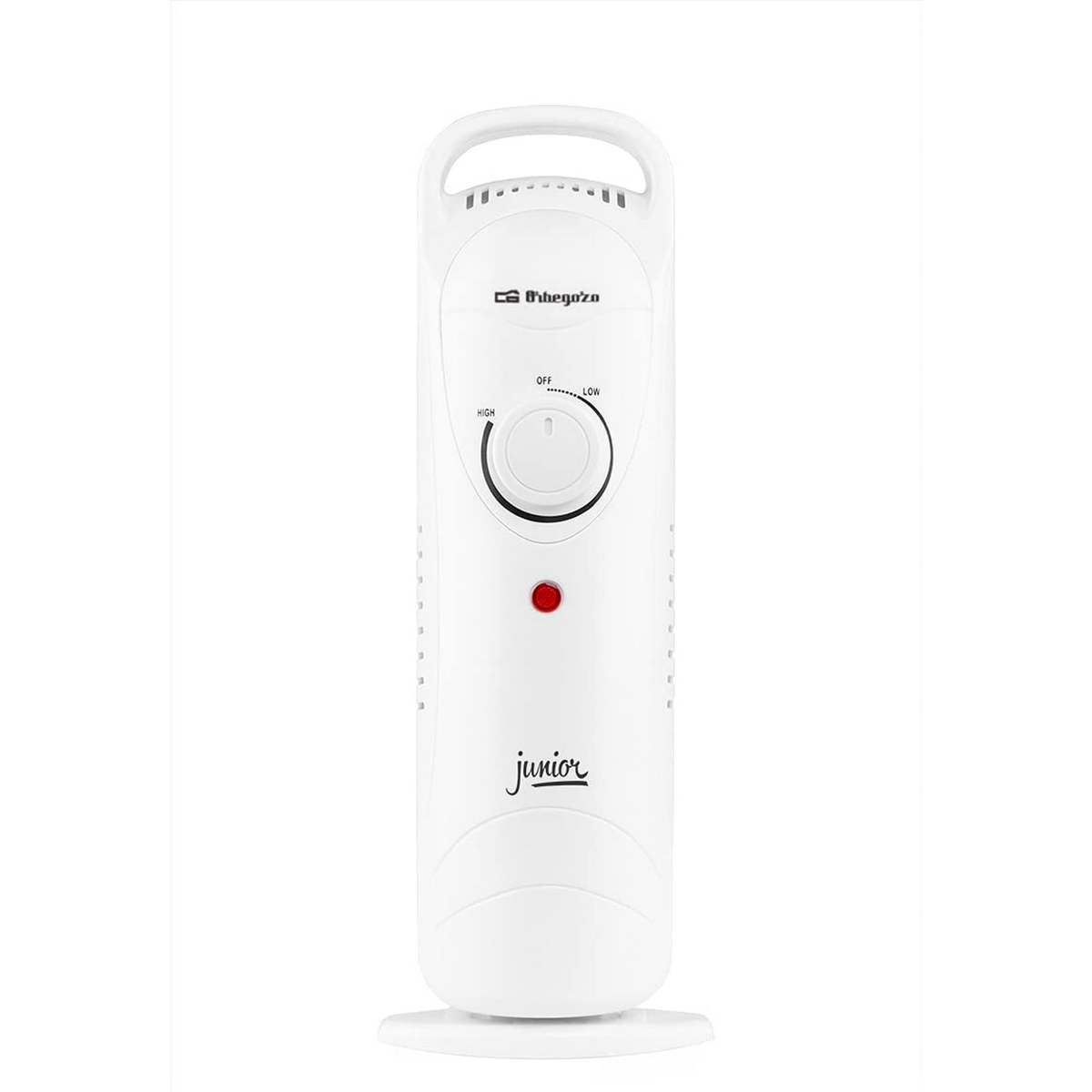 Biały grzejnik olejowy junior na białym tle.