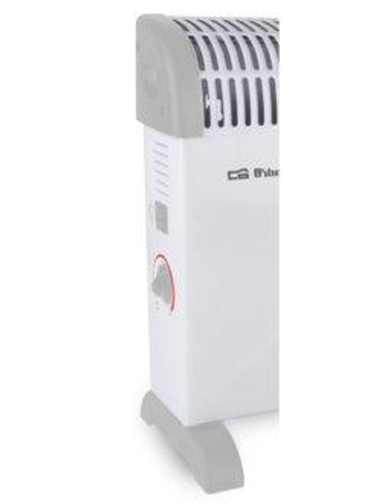 Biały grzejnik elektryczny, elementy sterujące z boku, szara góra, białe tło.