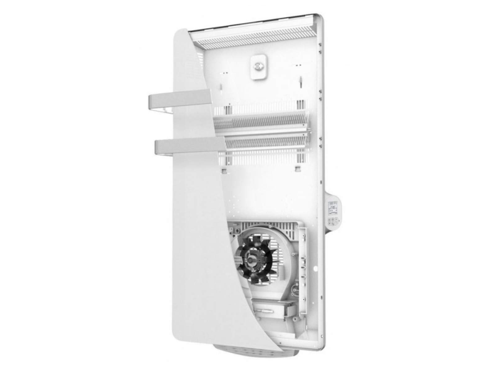 Componentes internos de un calentador blanco, mostrando ventilador, elementos calefactores.