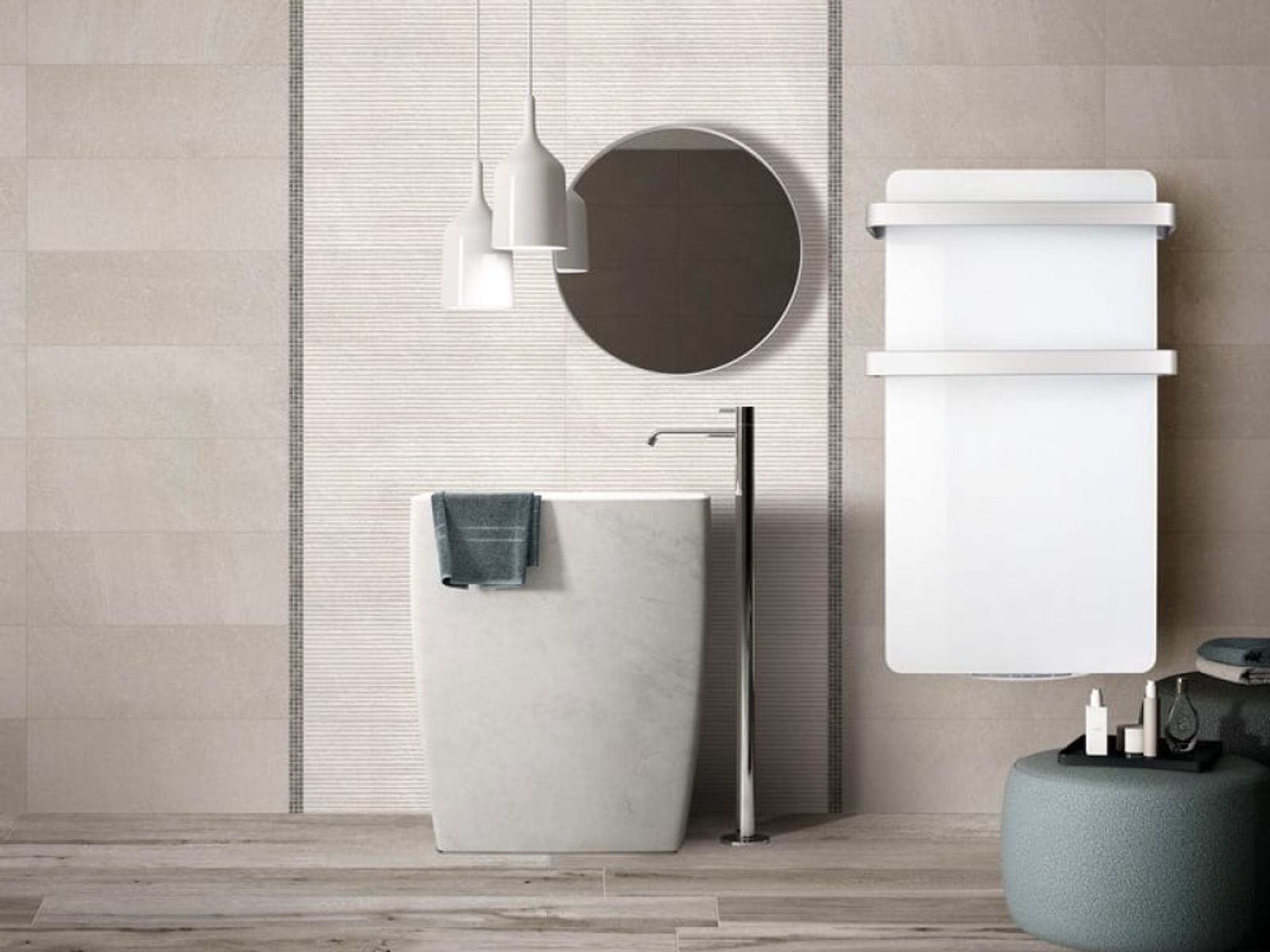 Escena de baño con lavabo, espejo, toalla y radiador, con lámparas colgantes.