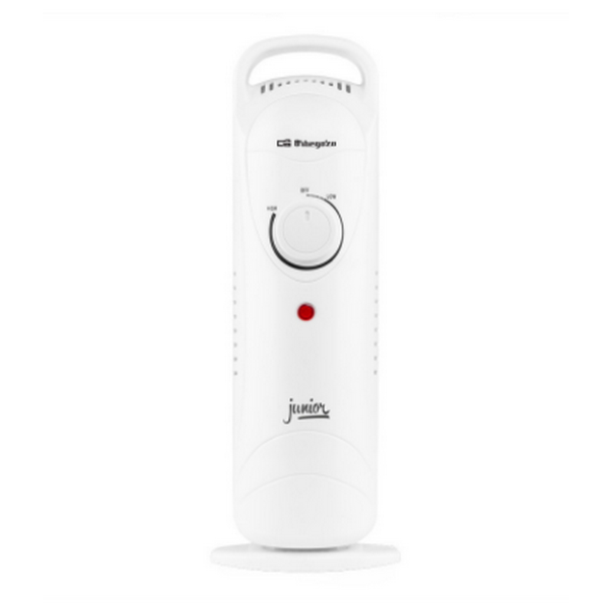 Biały grzejnik elektryczny z uchwytem i pokrętłem. Napis 'junior' jest na nim.