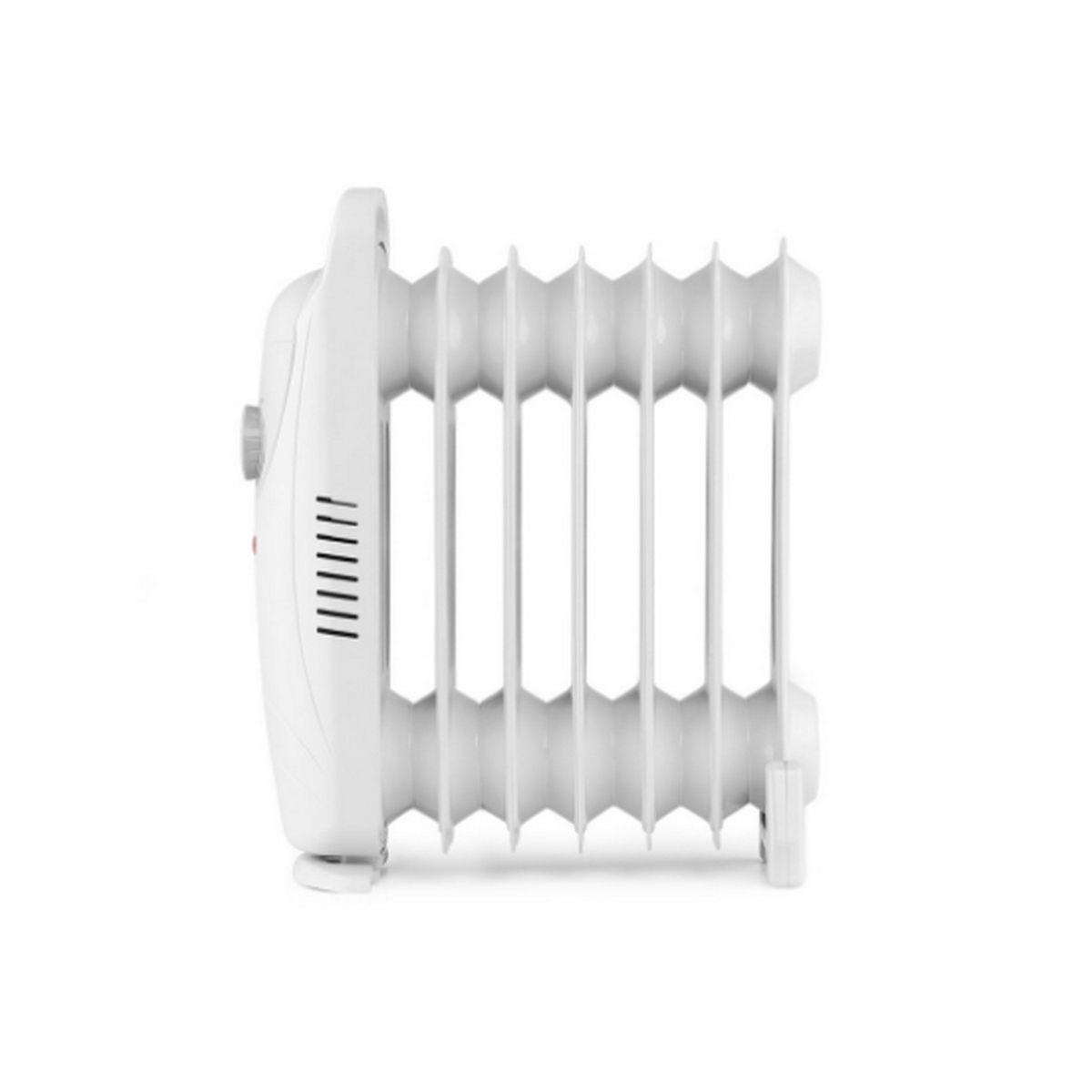 Biały grzejnik olejowy. Ma pionowe żebra i pokrętło regulacji z boku.
