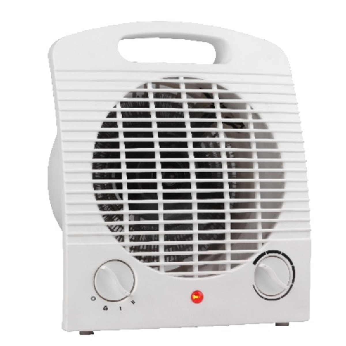 Un calefactor blanco con dos perillas y una luz roja. El ventilador tiene varias ranuras de aire.