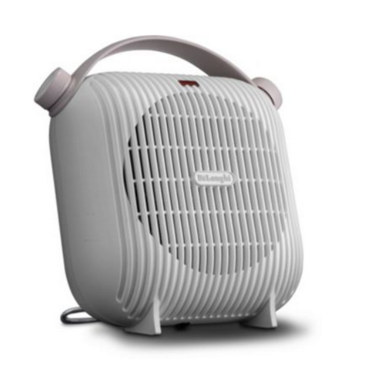 Biały grzejnik z uchwytem i kratką. Tło jest białe. To przenośna, kompaktowa konstrukcja.