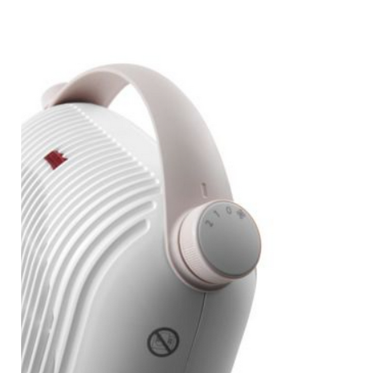 Biało-szara farelka z uchwytem i pokrętłem na białym tle.