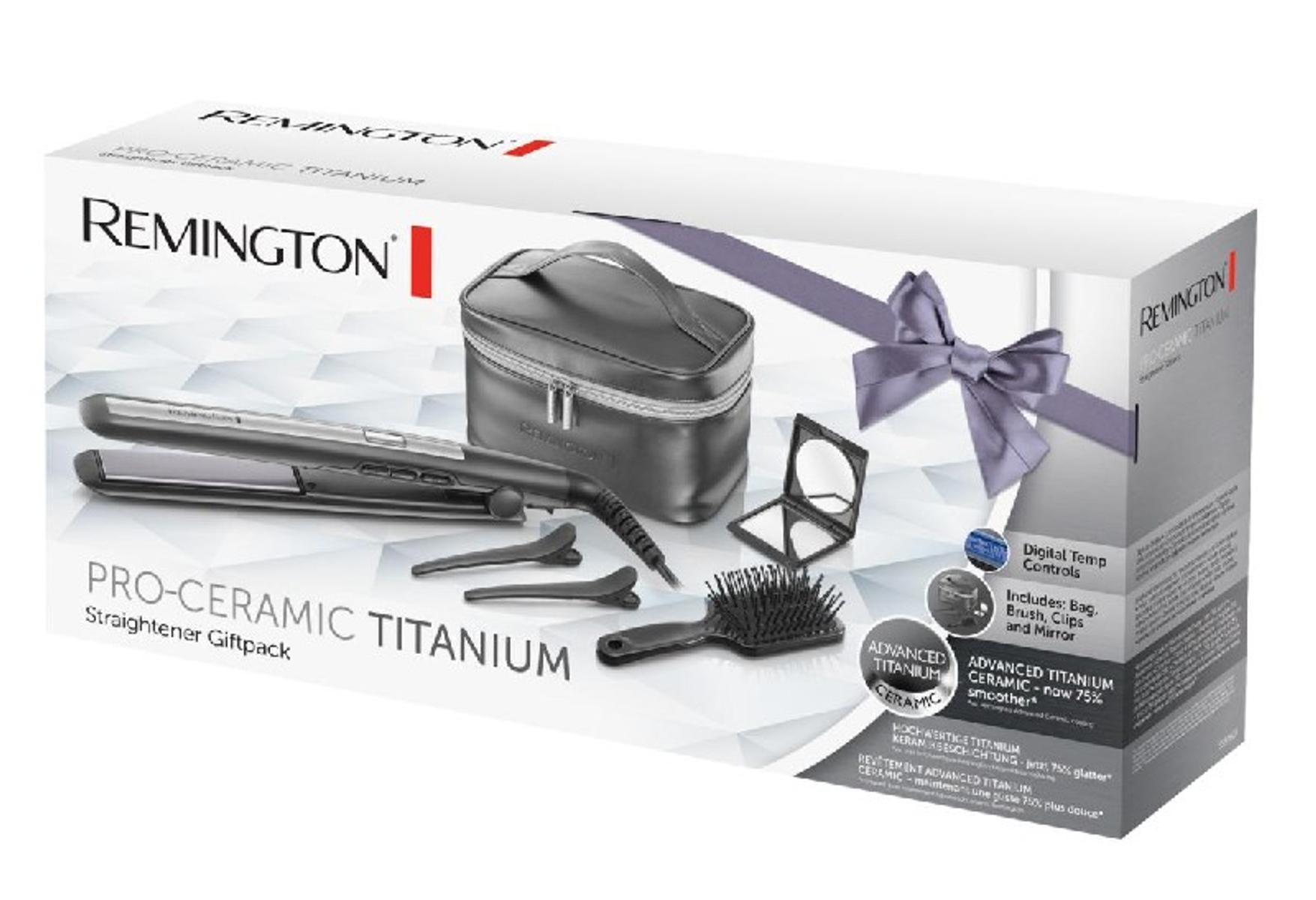 Aksesuarli Remington Pro-Ceramic Titanium saç düzleştirici hediye paketi.