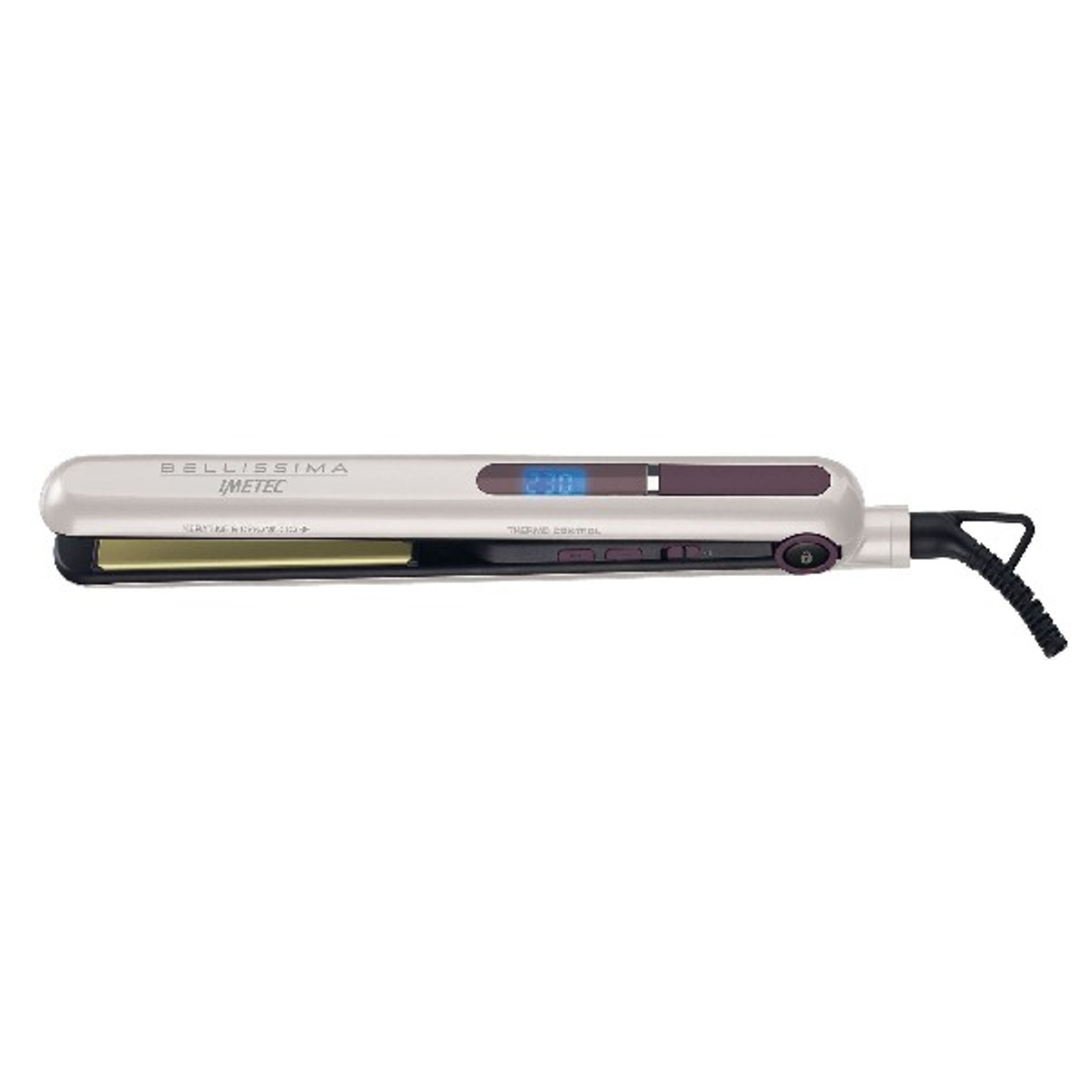 Piastra per capelli argentata con display digitale, sfondo bianco.