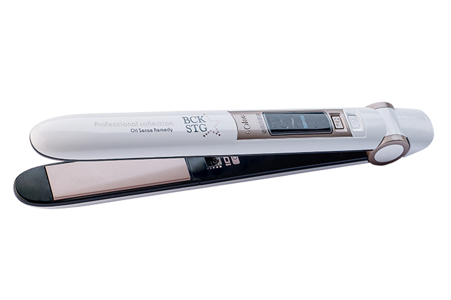 Piastra per capelli bianca e oro con display digitale e bordi curvi.