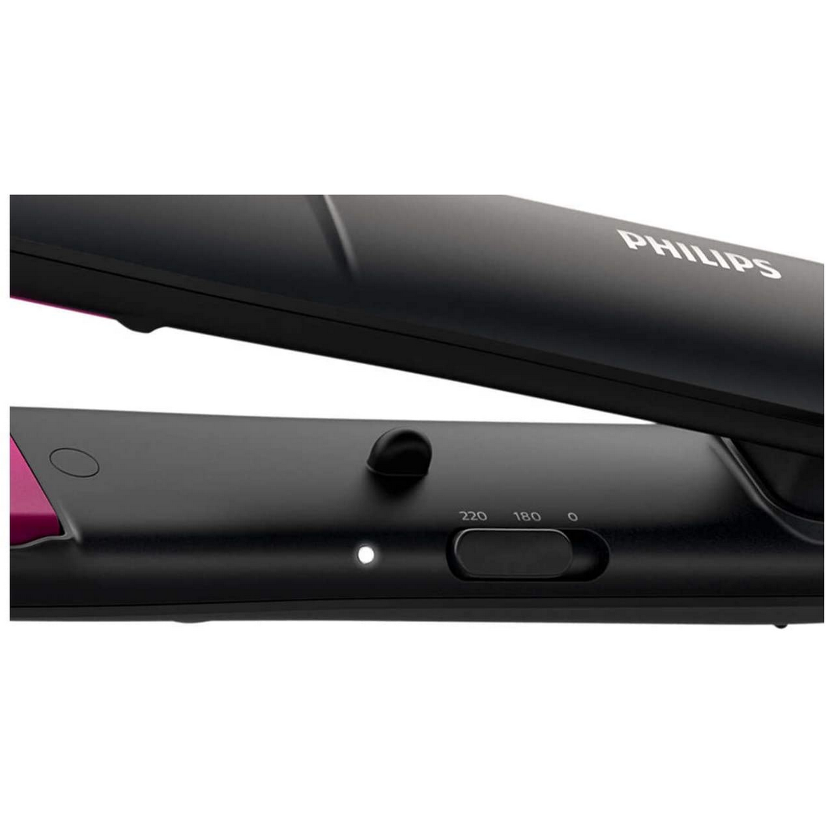 Czarna prostownica do włosów z różowymi płytkami. Widoczna marka PHILIPS.