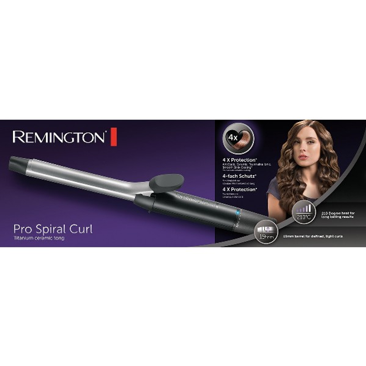 Ferro arricciacapelli Remington Pro Spiral Curl. Nero e argento, con immagine di donna e capelli acconciati.