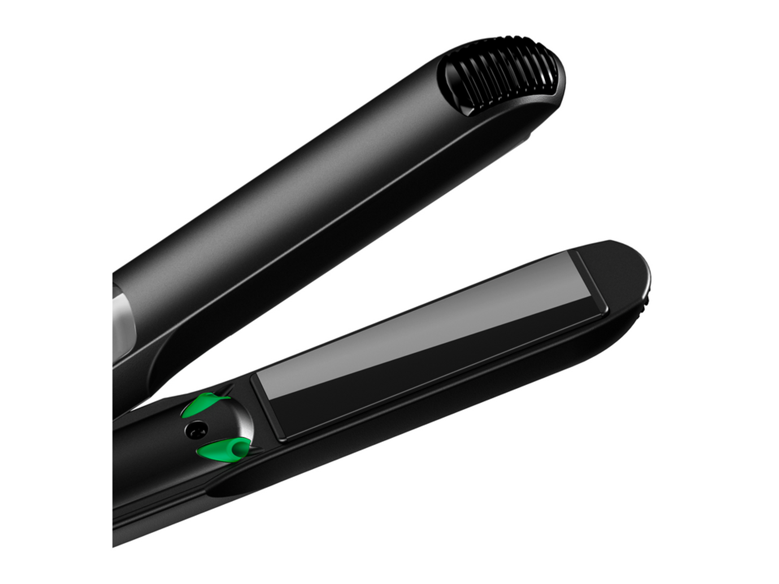 Czarna prostownica do włosów, zbliżenie, na białym tle. Płytki są otwarte.