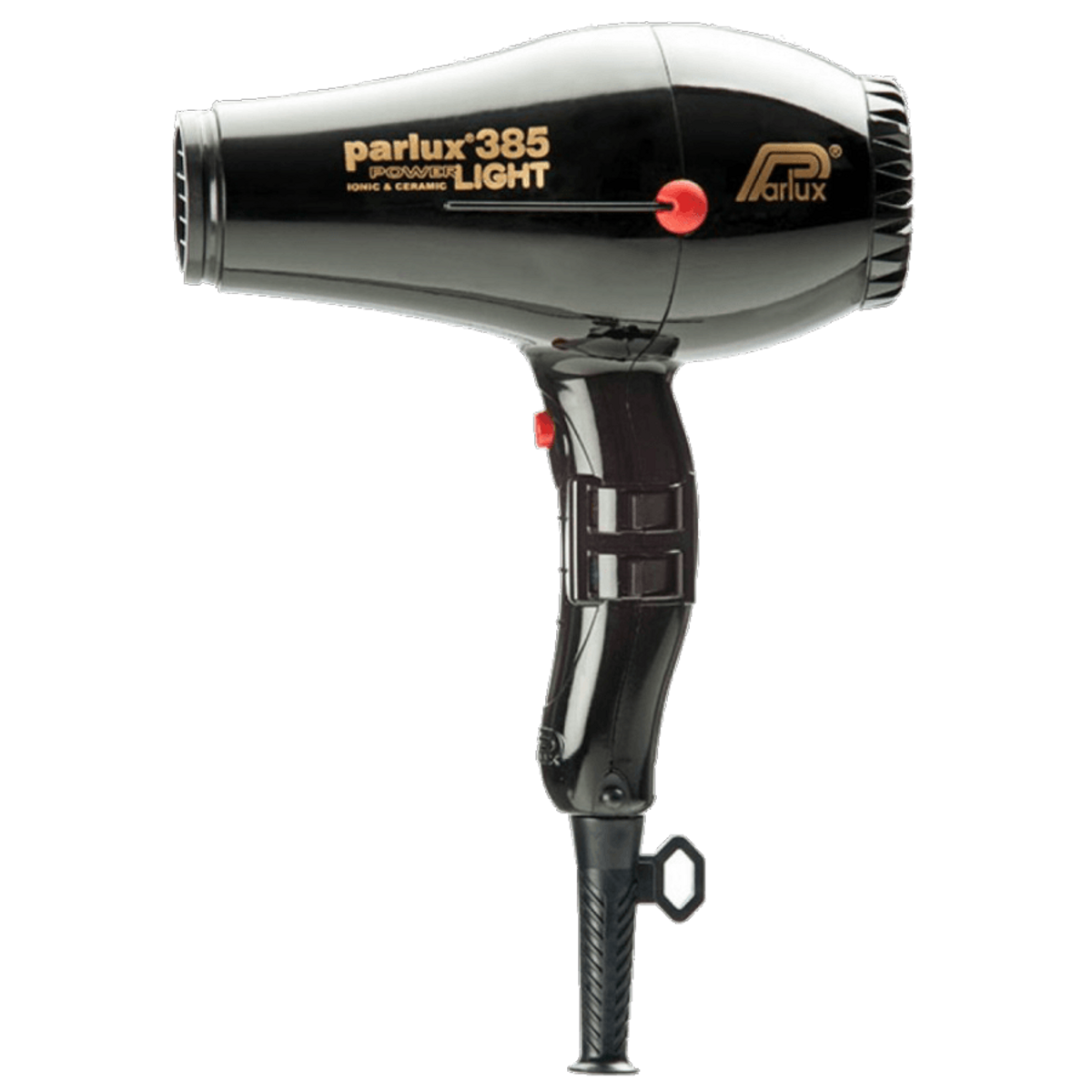 Czarna suszarka do włosów Parlux 385 Power Light ze złotymi literami, odizolowana.