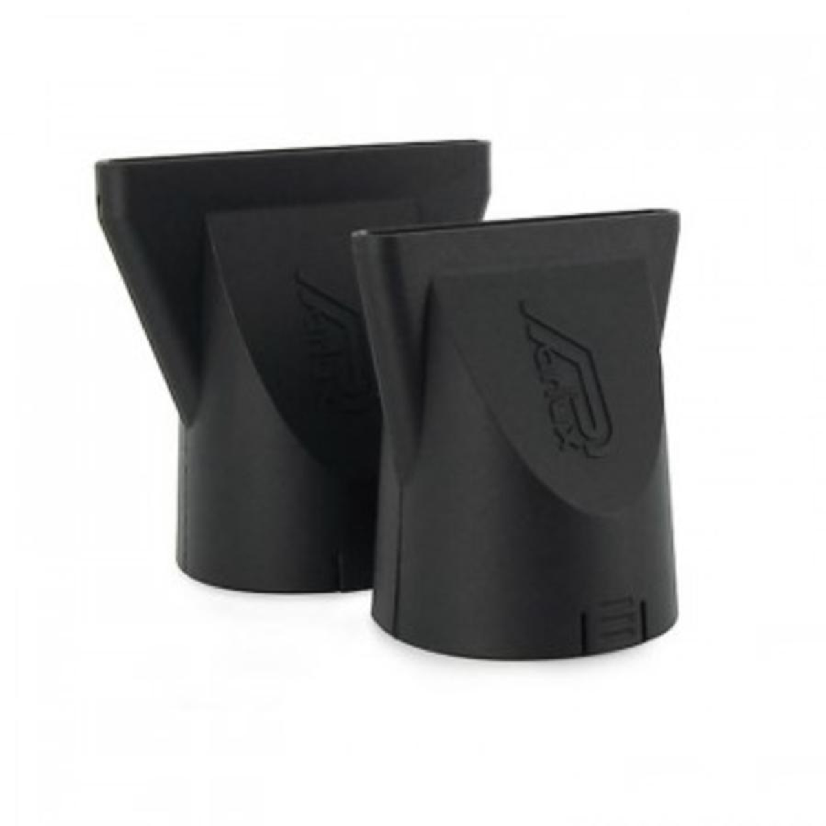 Dwie czarne dysze do suszarki do włosów, kątowe i ukształtowane dla skupionego przepływu powietrza.