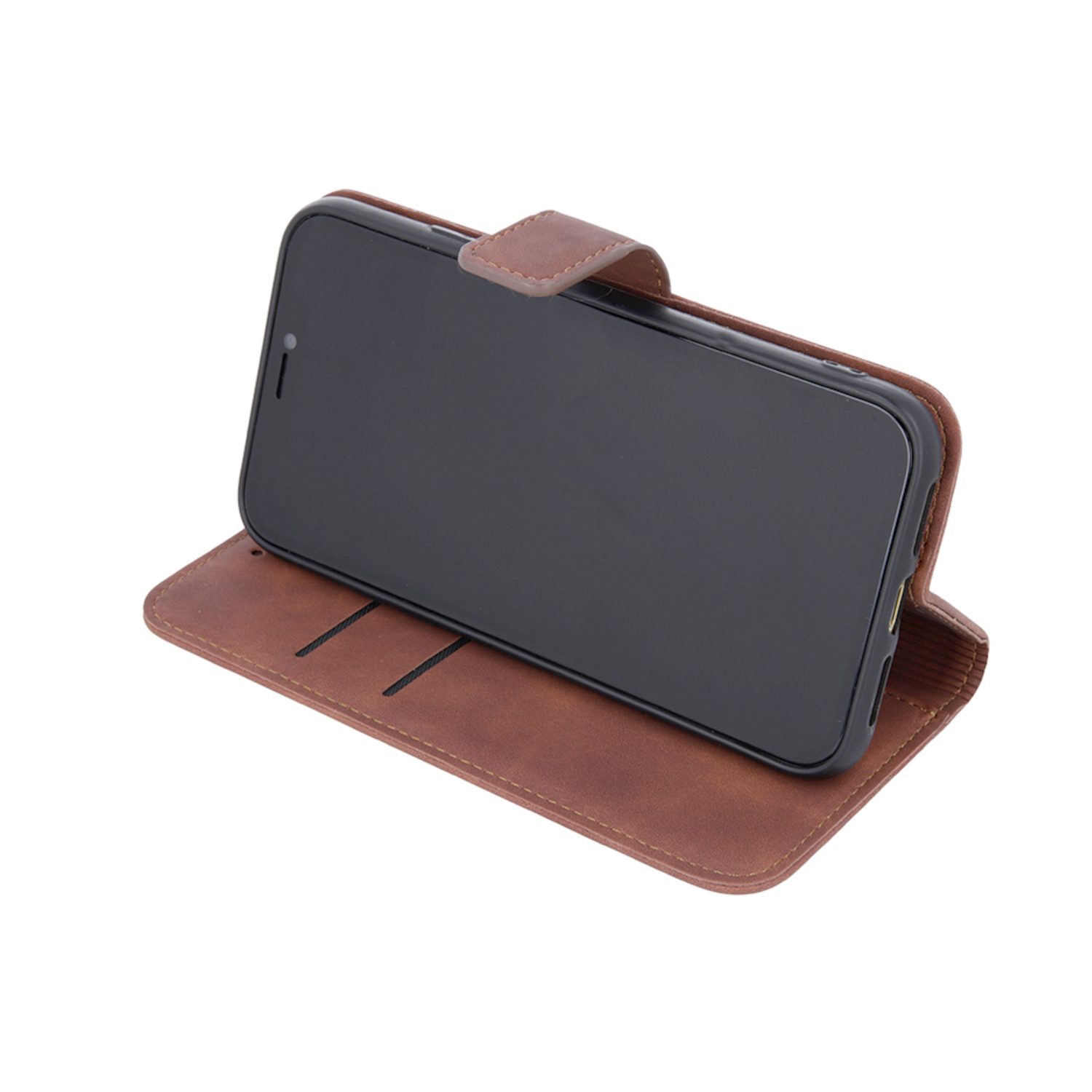 Braune Leder-Handyhülle offen mit einem schwarzen Telefon darin.