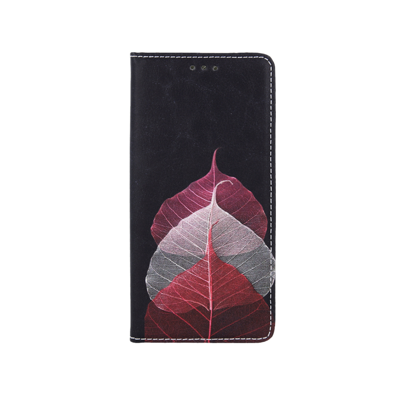 Schwarze Handyhülle mit Blattdesign. Die Blätter sind rot und weiß.