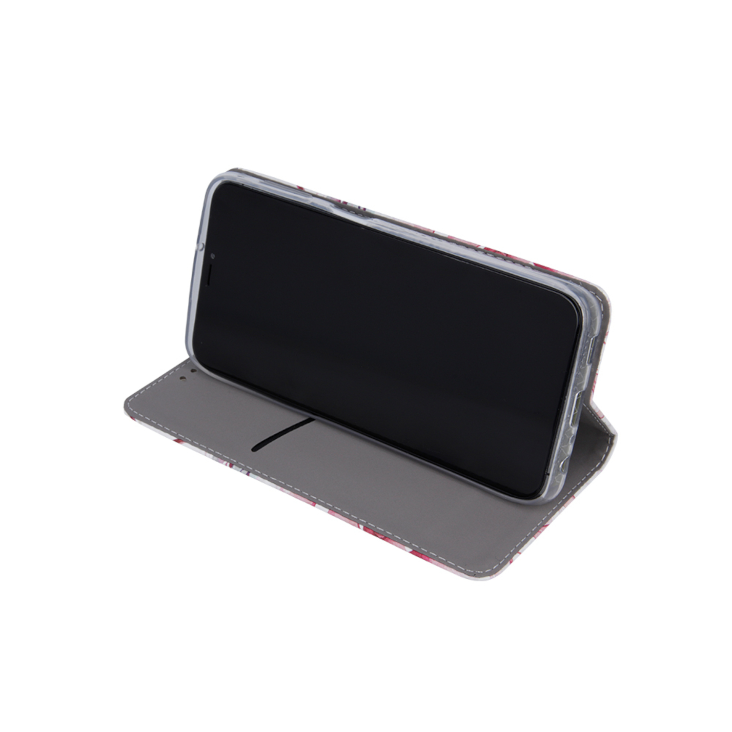 Ein Smartphone in einer Hülle, geöffnet, auf einer weißen Oberfläche mit Blumen.