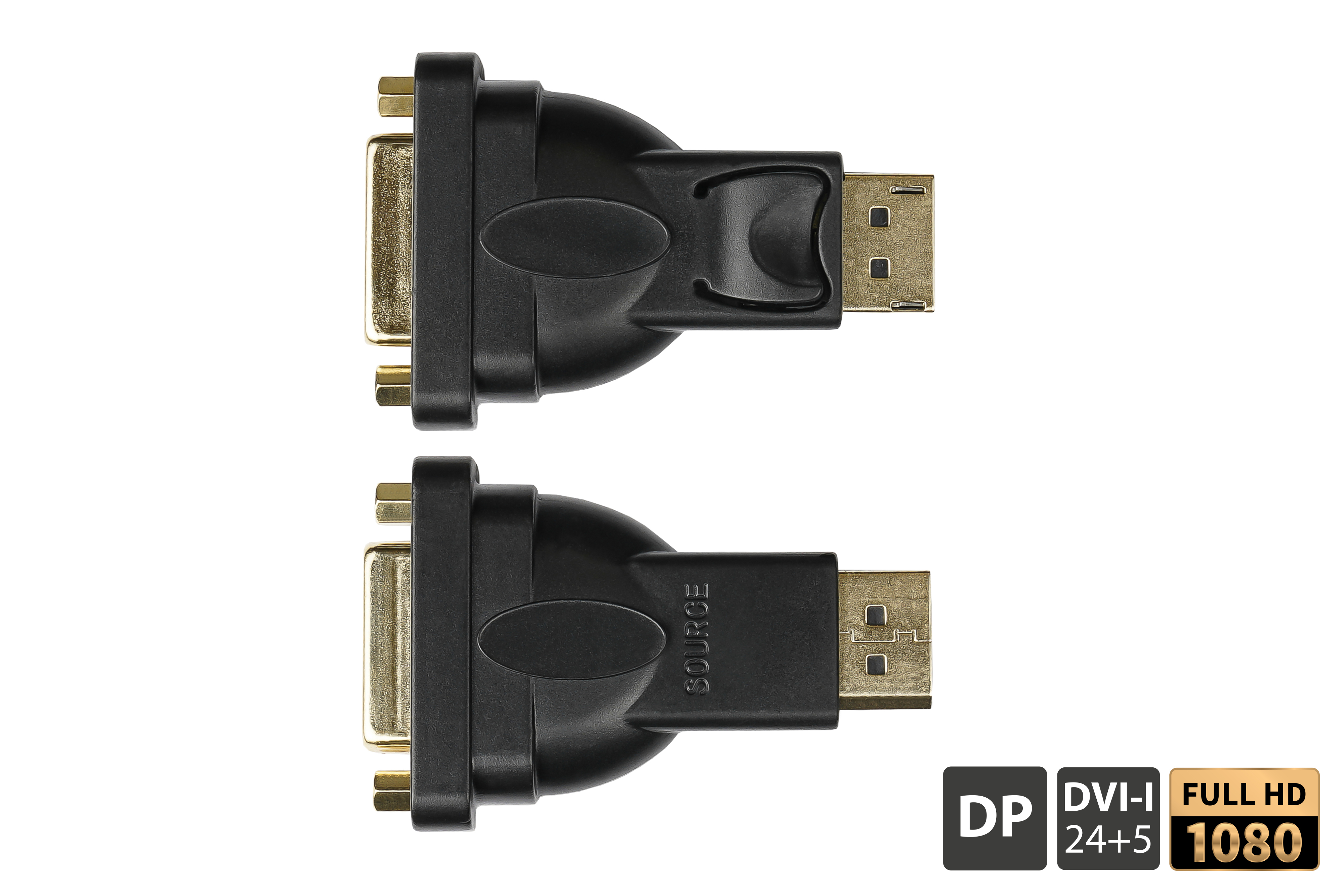 Zwei schwarze DVI-zu-USB-C-Adapter, von der Seite gesehen, auf weißem Hintergrund.