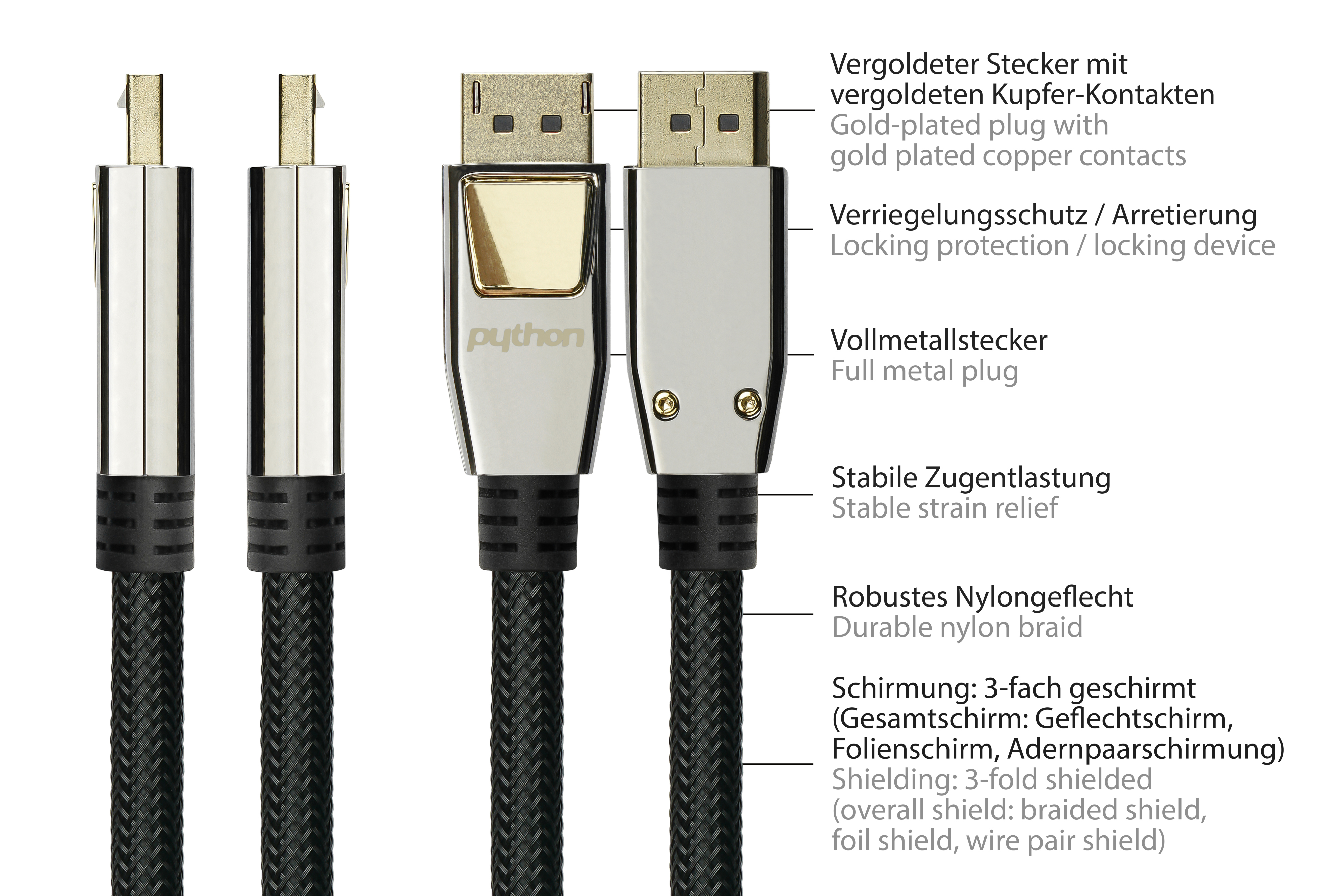 Nahaufnahme von DisplayPort-Kabeln, zeigt Stecker, Zugentlastung und Geflecht.