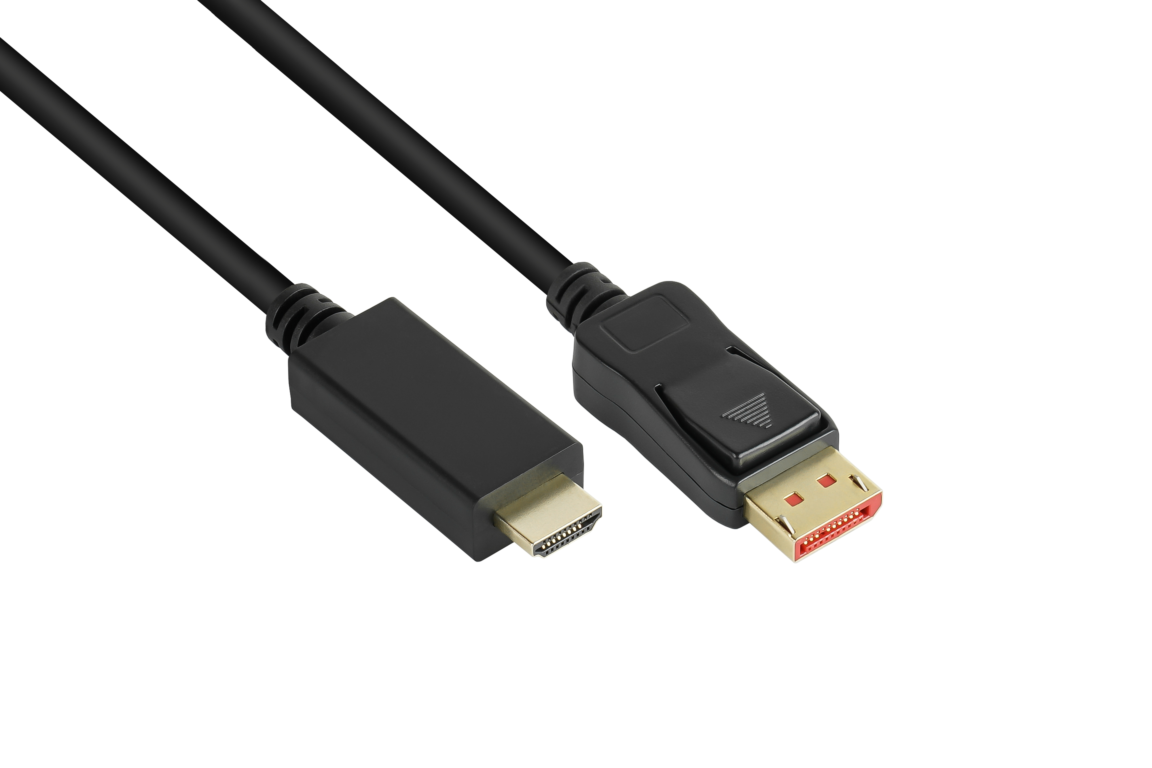 Schwarzes HDMI-zu-DisplayPort-Kabel. HDMI-Ende rechteckig, DisplayPort mit Verriegelung.