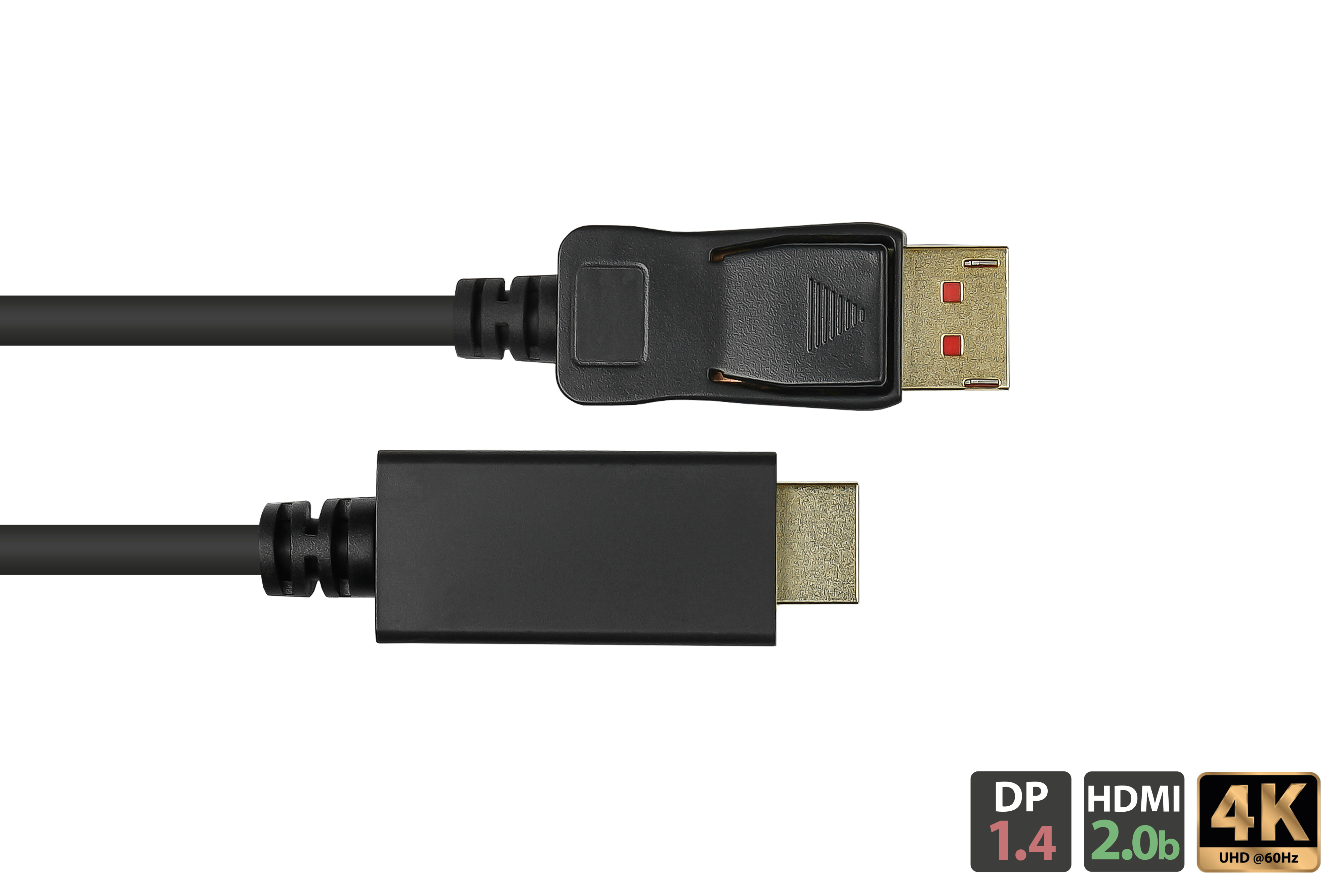 Ein DisplayPort-zu-HDMI-Kabel. Das DP-Ende hat goldfarbene Stecker, das HDMI-Ende ist schwarz.