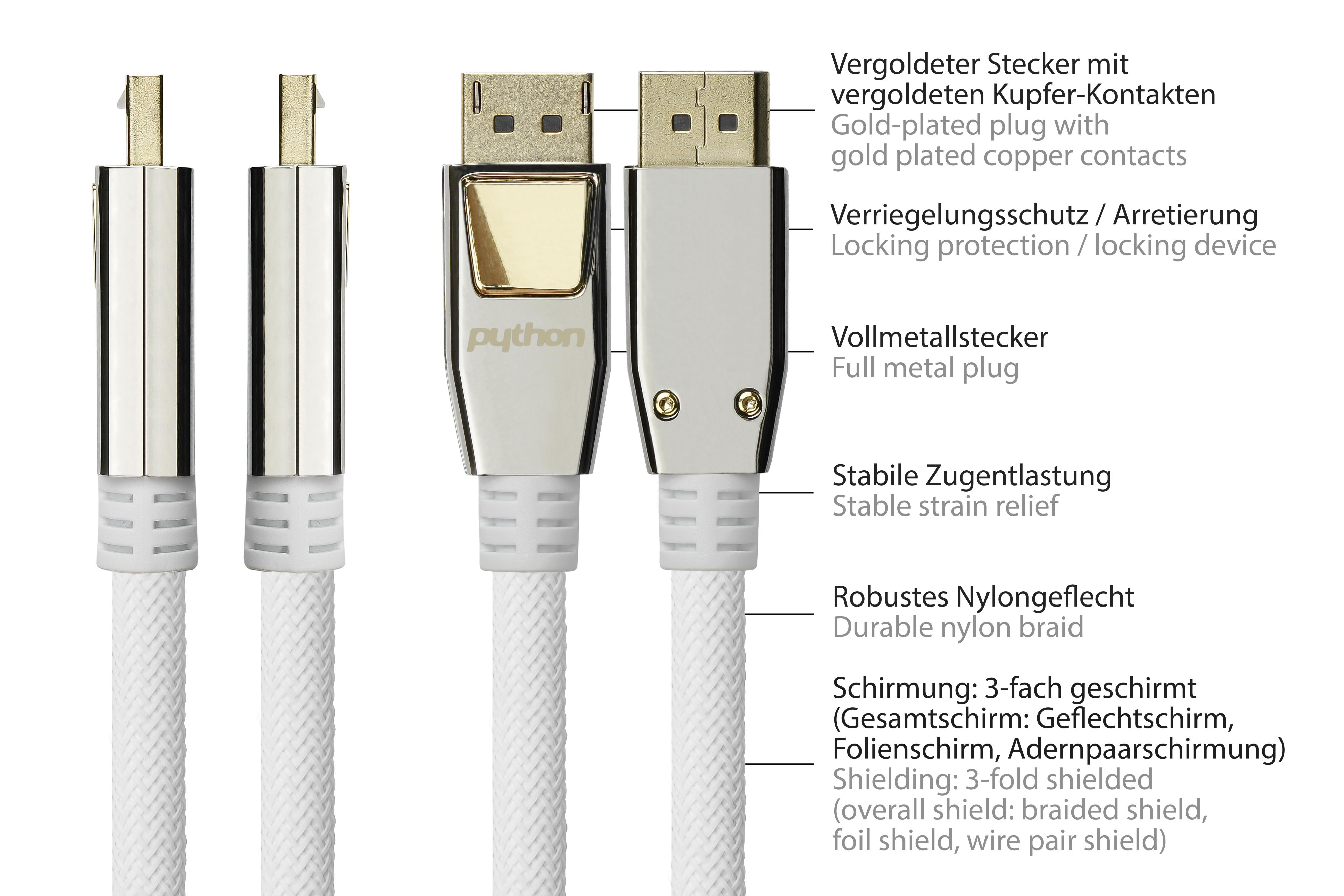 Nahaufnahme von DisplayPort-Kabeln. Zeigt vergoldete Stecker mit vergoldeten Kupferkontakten und Nylongeflecht.