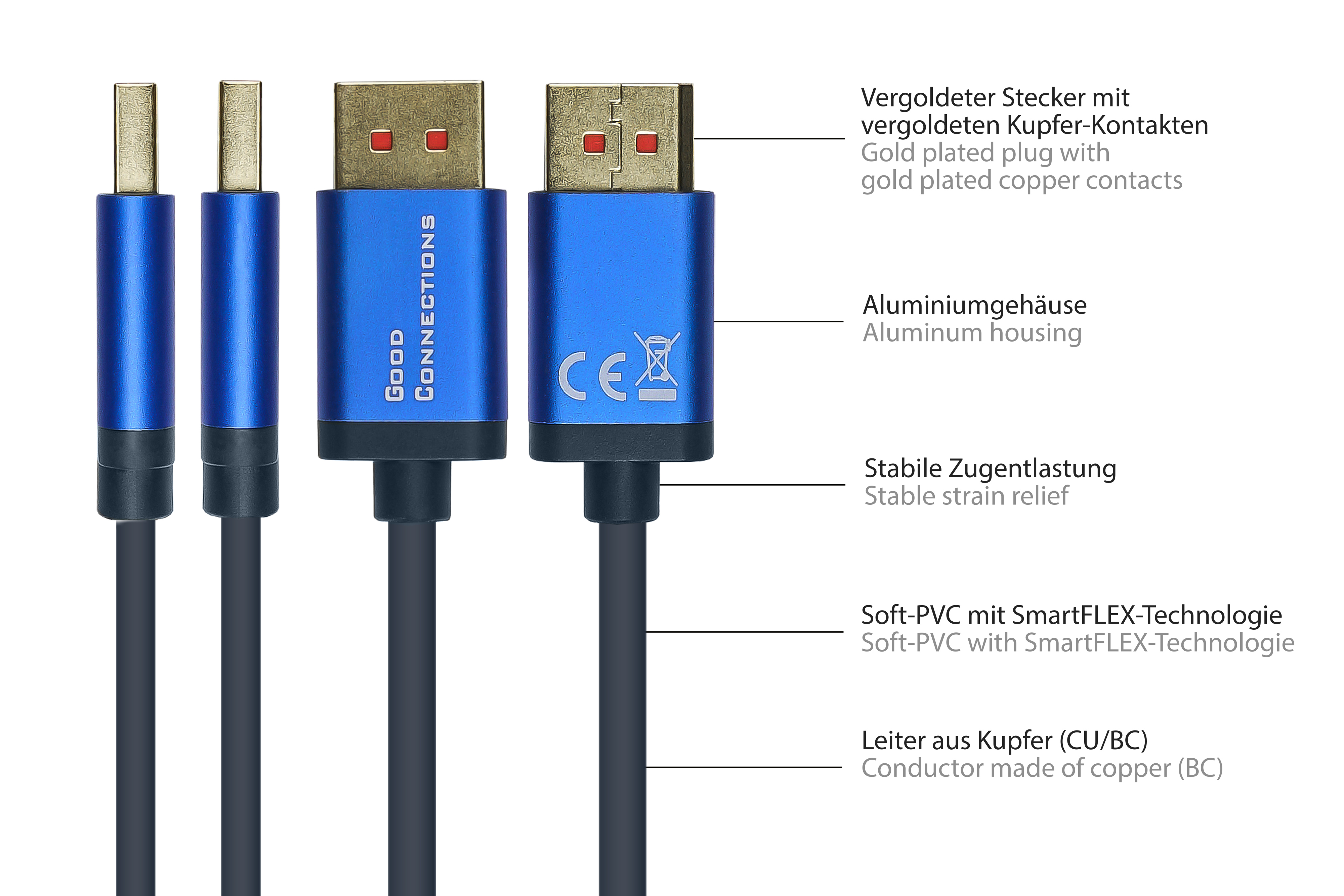 Blaue und schwarze USB-Kabel, mit detaillierten Etiketten und vergoldeten Steckern. Aluminiumgehäuse und stabile Zugentlastung.