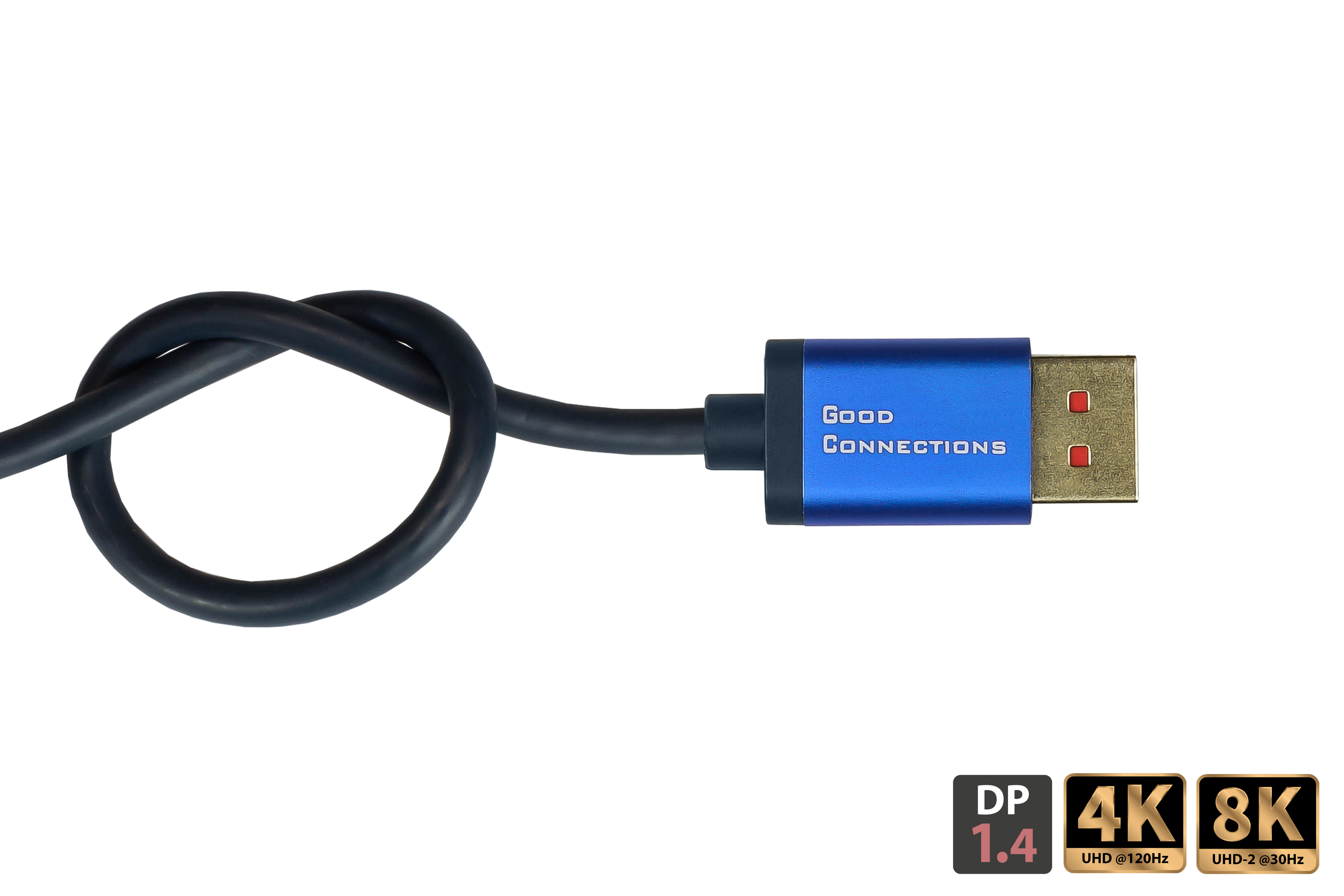 Schwarzes Kabel mit blauem und goldenem Stecker. Weißer Hintergrund.