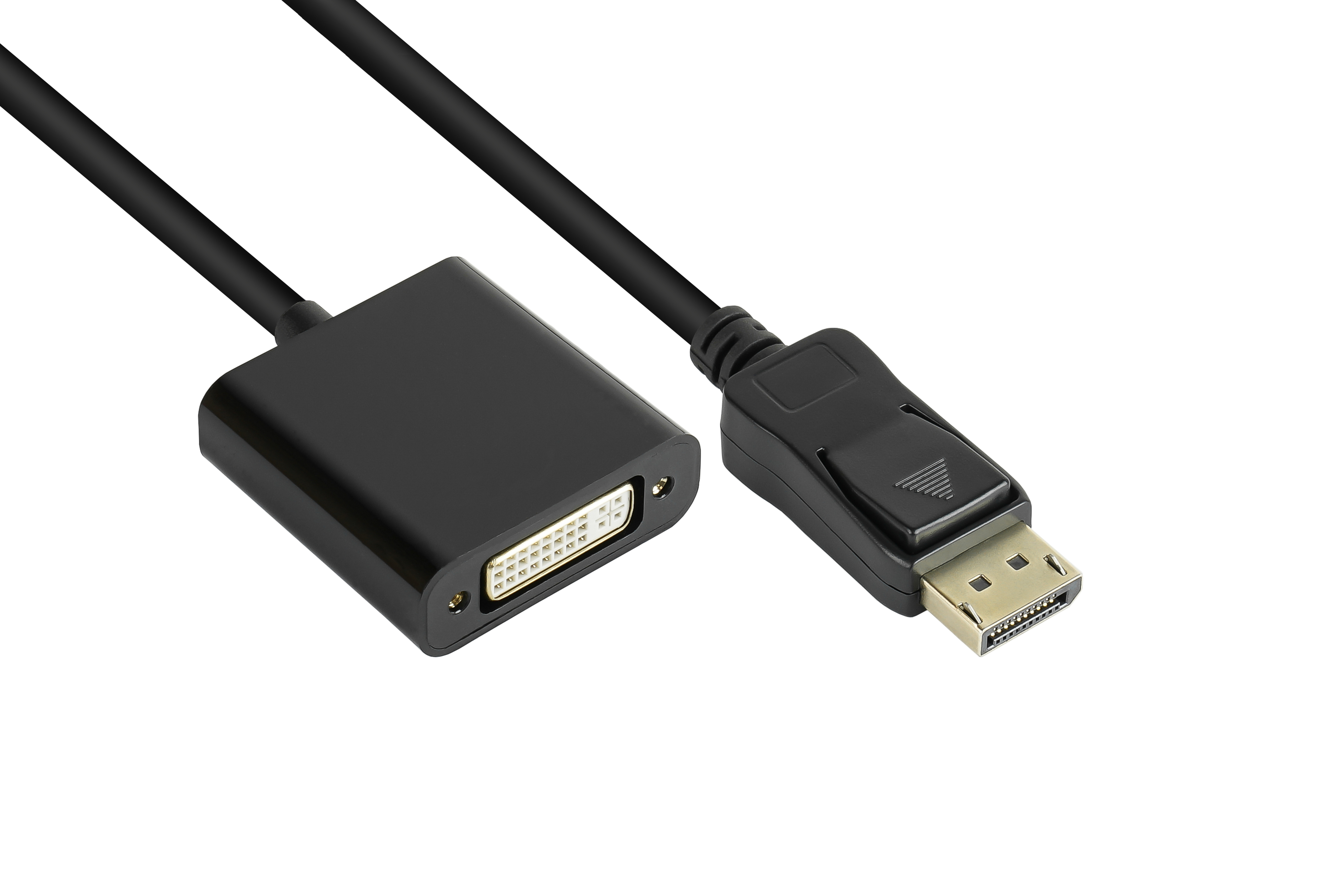 Czarny kabel DVI do DisplayPort. Czarne złącza, jedno DVI, jedno DisplayPort. Białe tło.