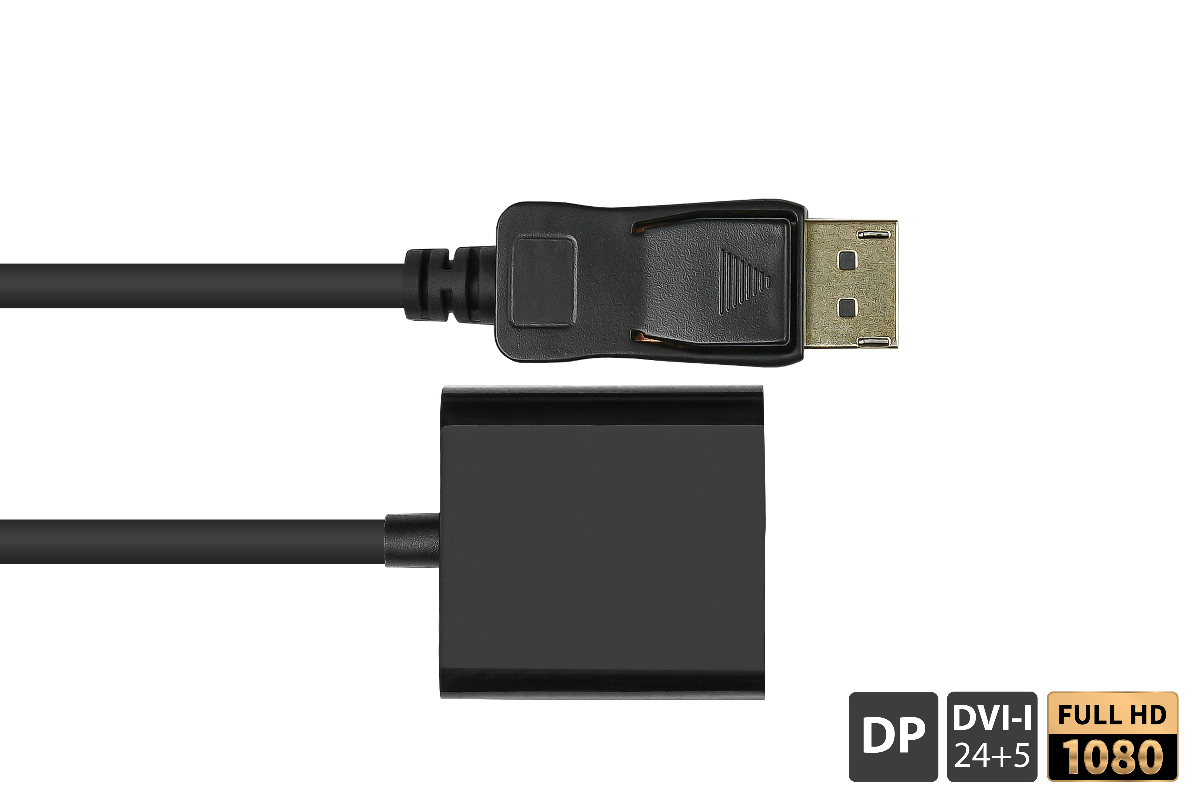 Czarny kabel adaptera DisplayPort na DVI-I. Symbole Full HD i DVI-I 24+5.