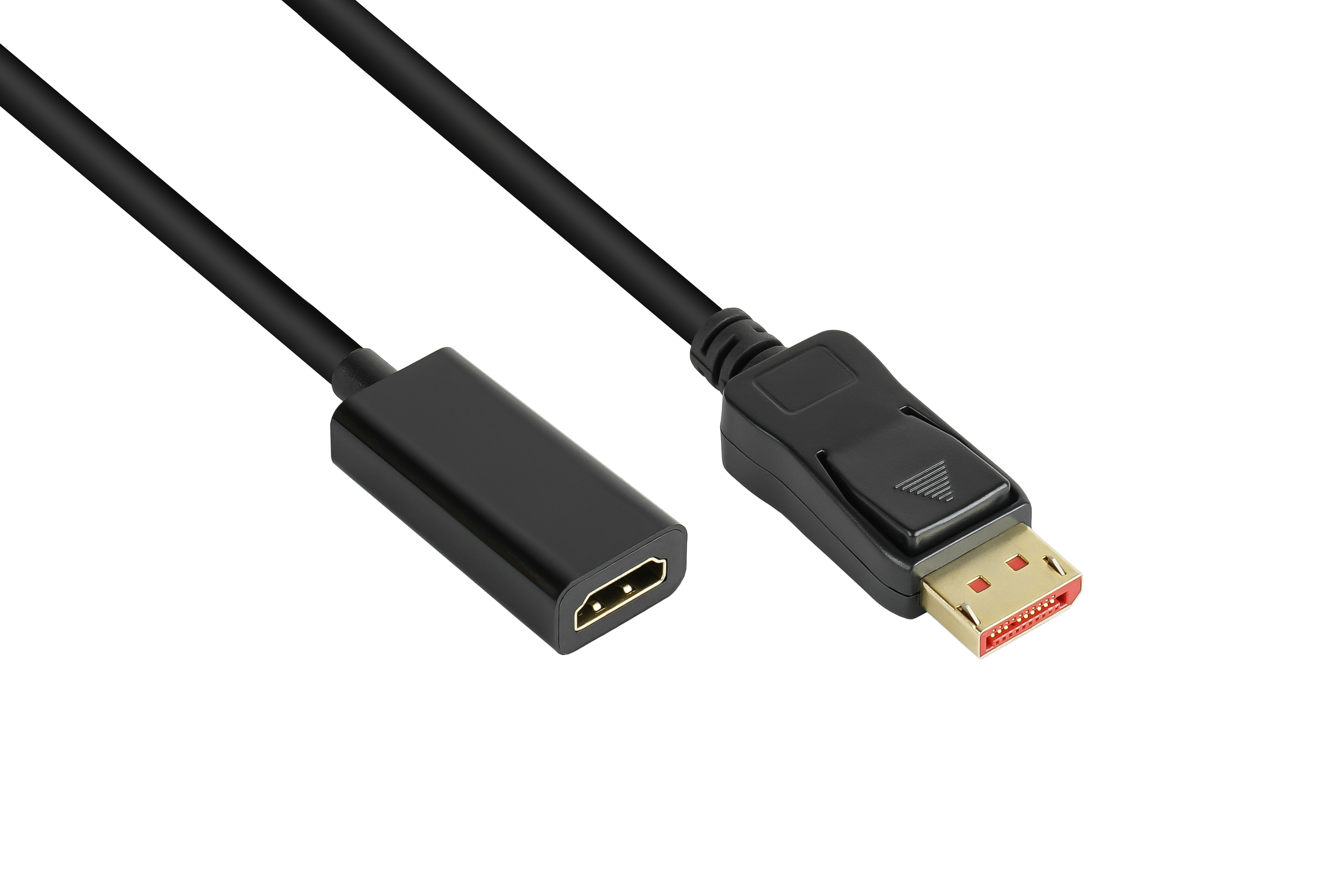 Cable adaptador negro DisplayPort a HDMI. Un extremo HDMI hembra, el otro DisplayPort macho.