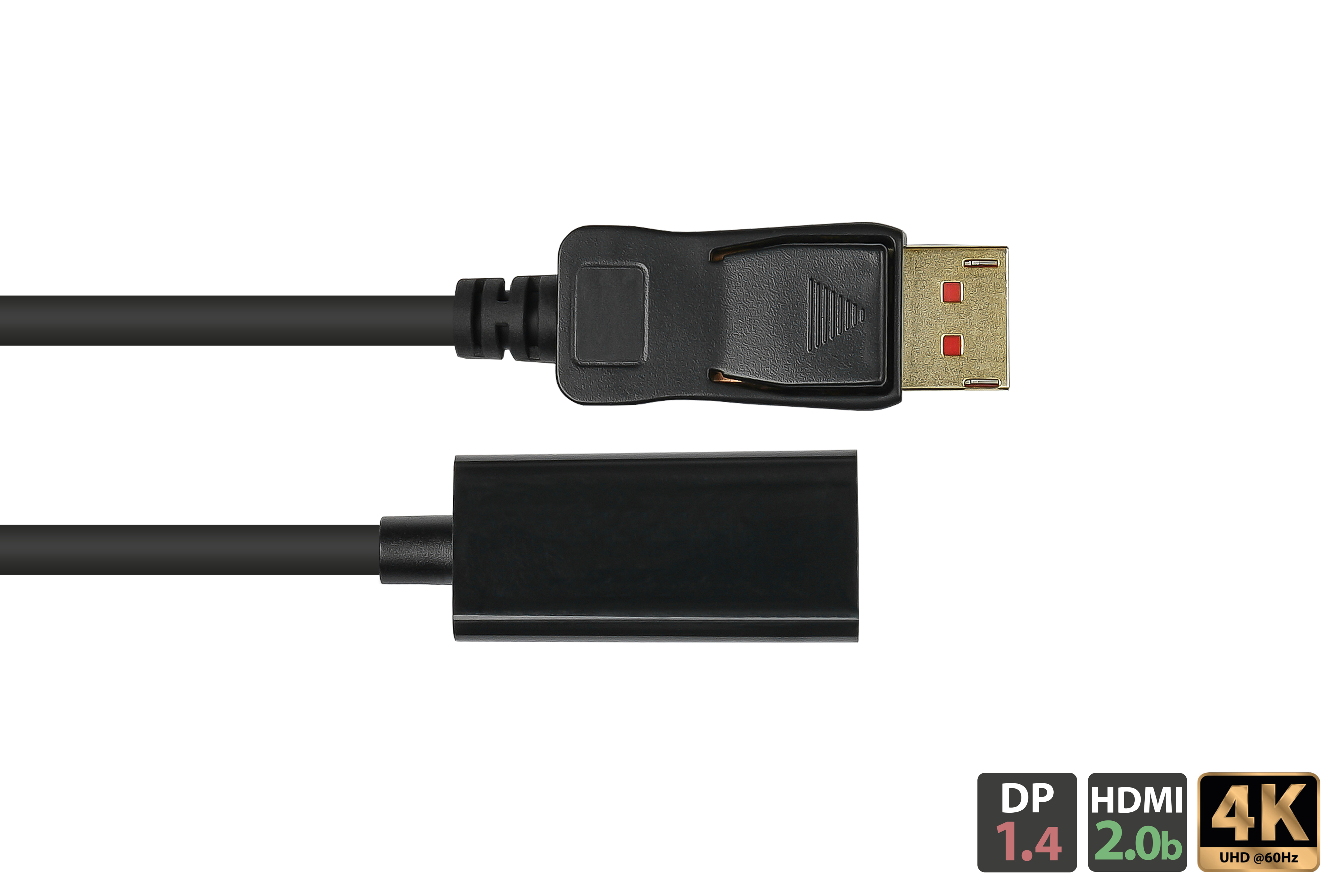 Cable DisplayPort negro con conectores en cada extremo, fondo blanco.