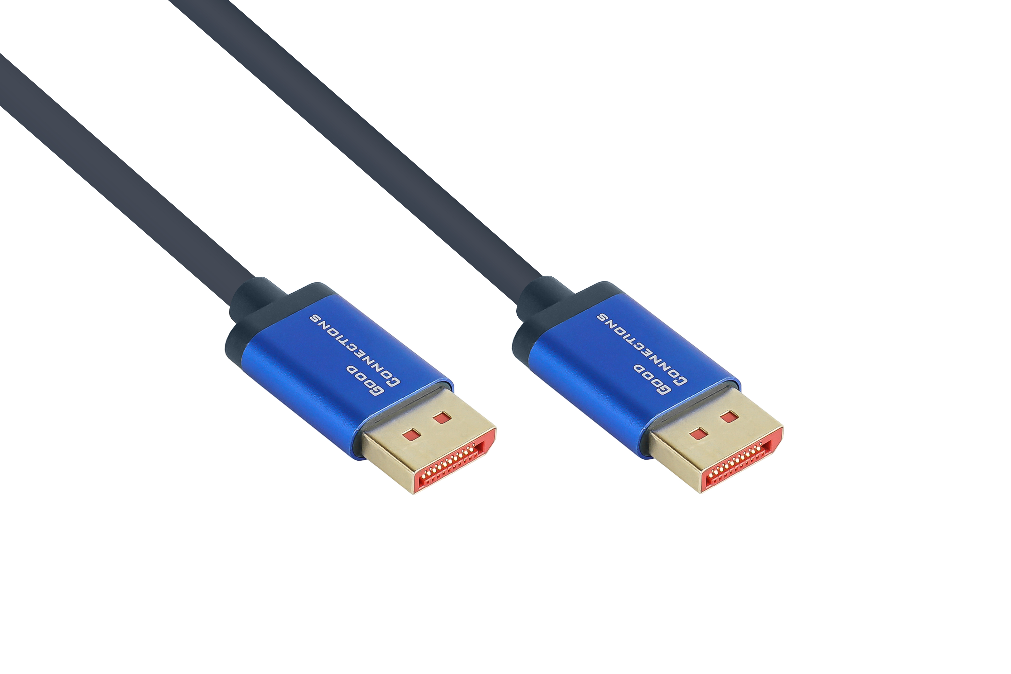 Blaue und schwarze DisplayPort-Kabel. Beide haben blaue Stecker mit 'Good Connections' und goldenen Spitzen.