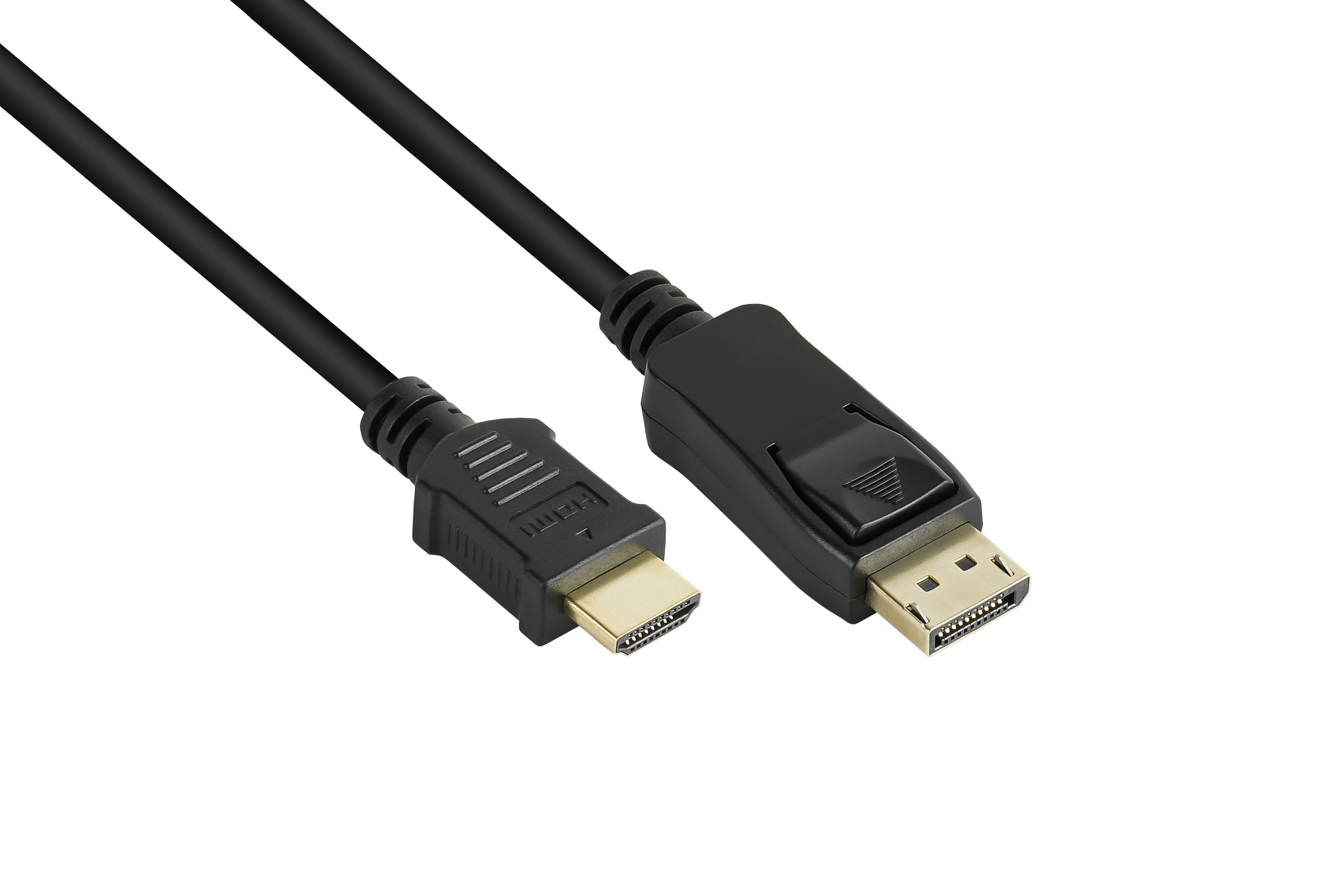 Schwarzes HDMI-zu-DisplayPort-Kabel. Das Kabel hat an jedem Ende zwei Anschlüsse.