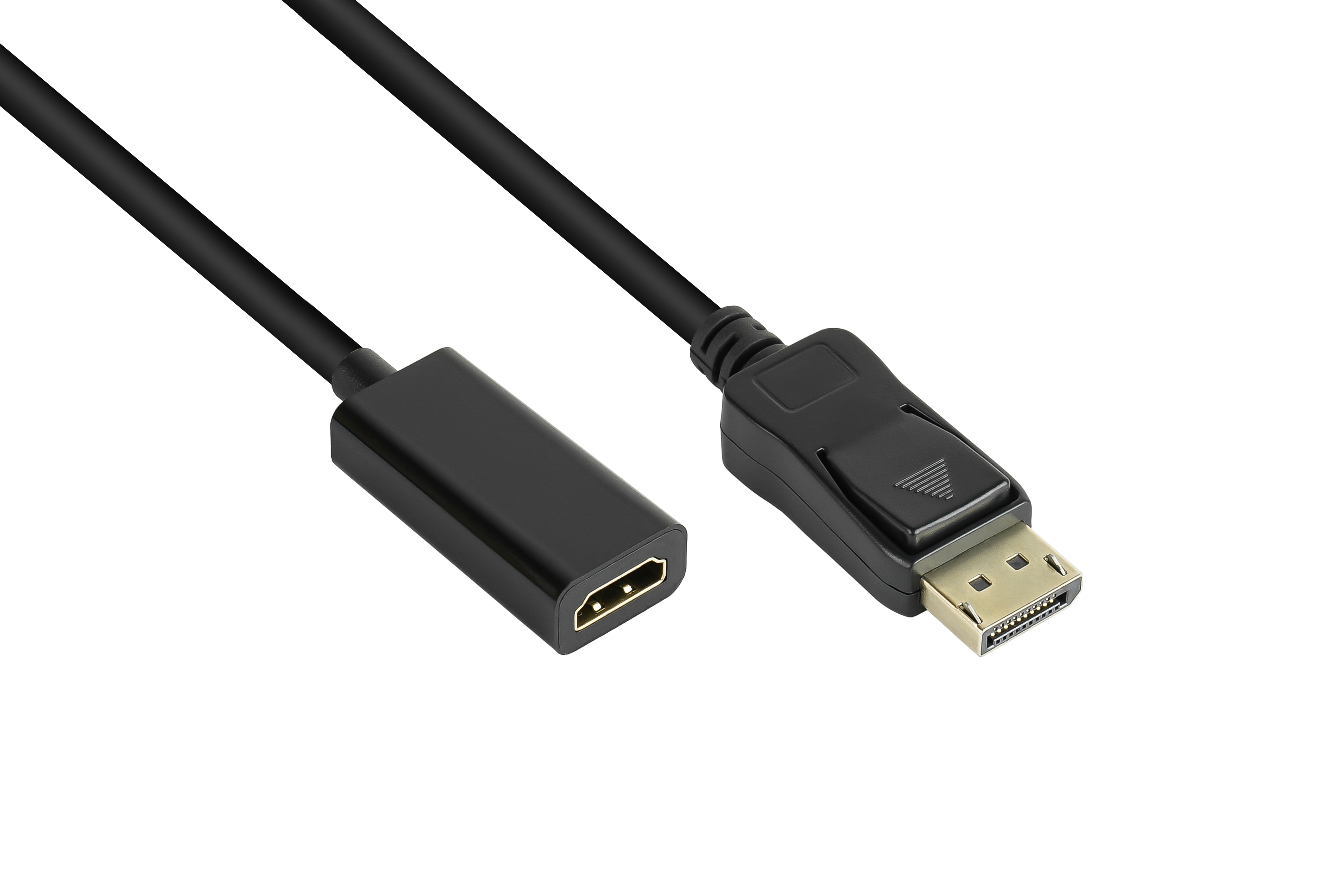 Un cavo da HDMI a DisplayPort nero, con un connettore nero e oro.
