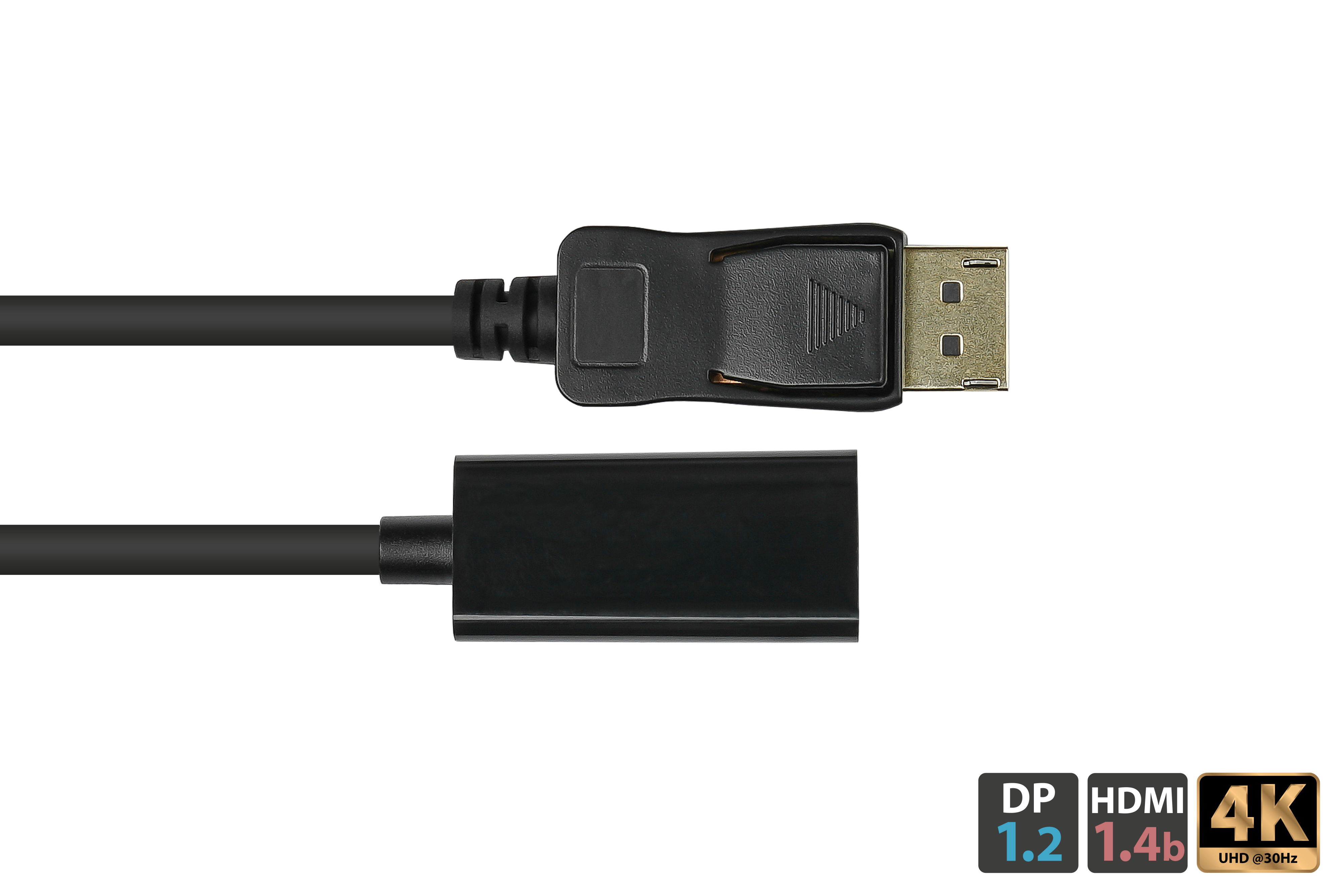 Cavo nero DisplayPort a HDMI, con il logo DP, HDMI e 4K.