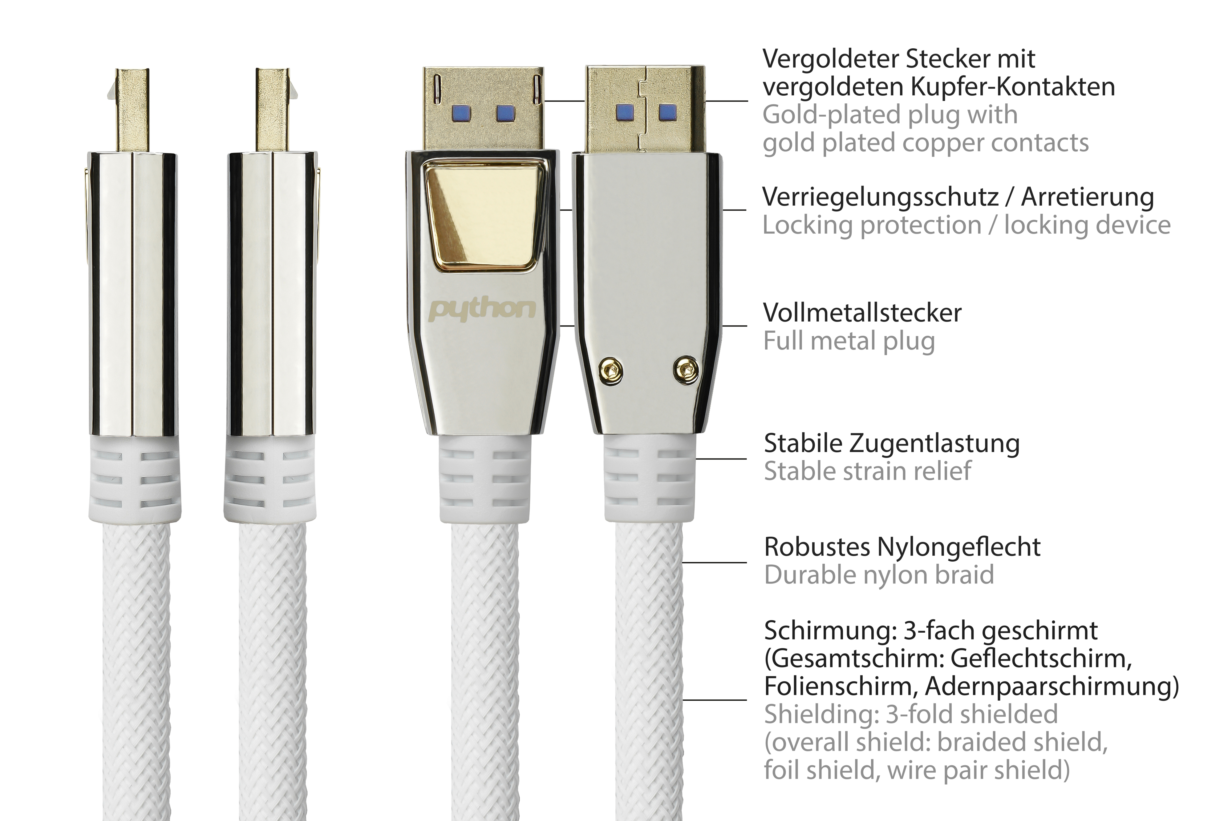 Anschlusskabel weiß, Nylongeflecht m Displayport, vergoldete CU, Kontakte, 2.0, 0,5m, 54 PYTHON Vollmetallstecker, Gbit/s, 0,5