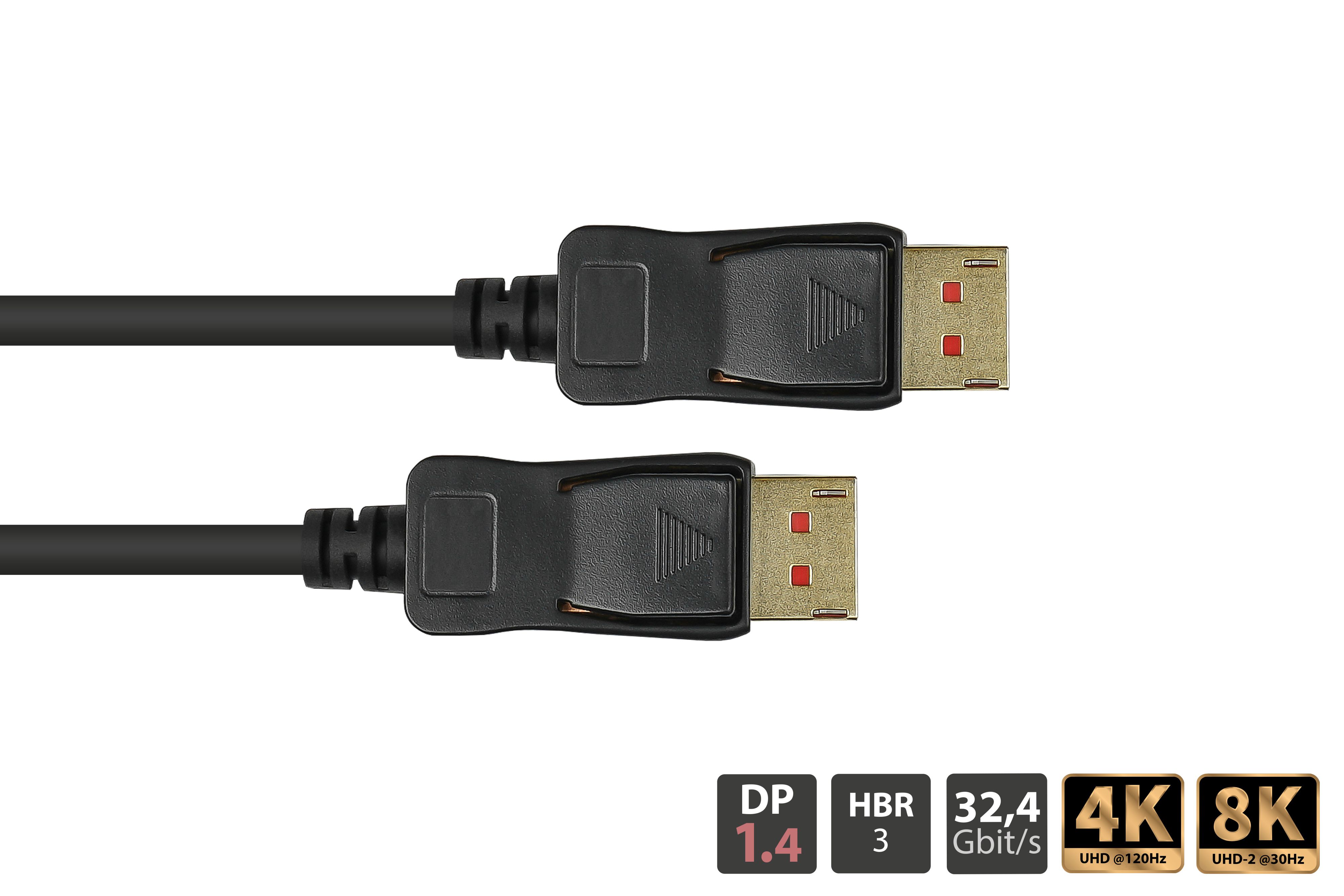 Schwarzes DisplayPort-Kabel mit Steckern an jedem Ende, zeigt DP 1.4, HBR 3, 32.4 Gbit/s, 4K/8K.