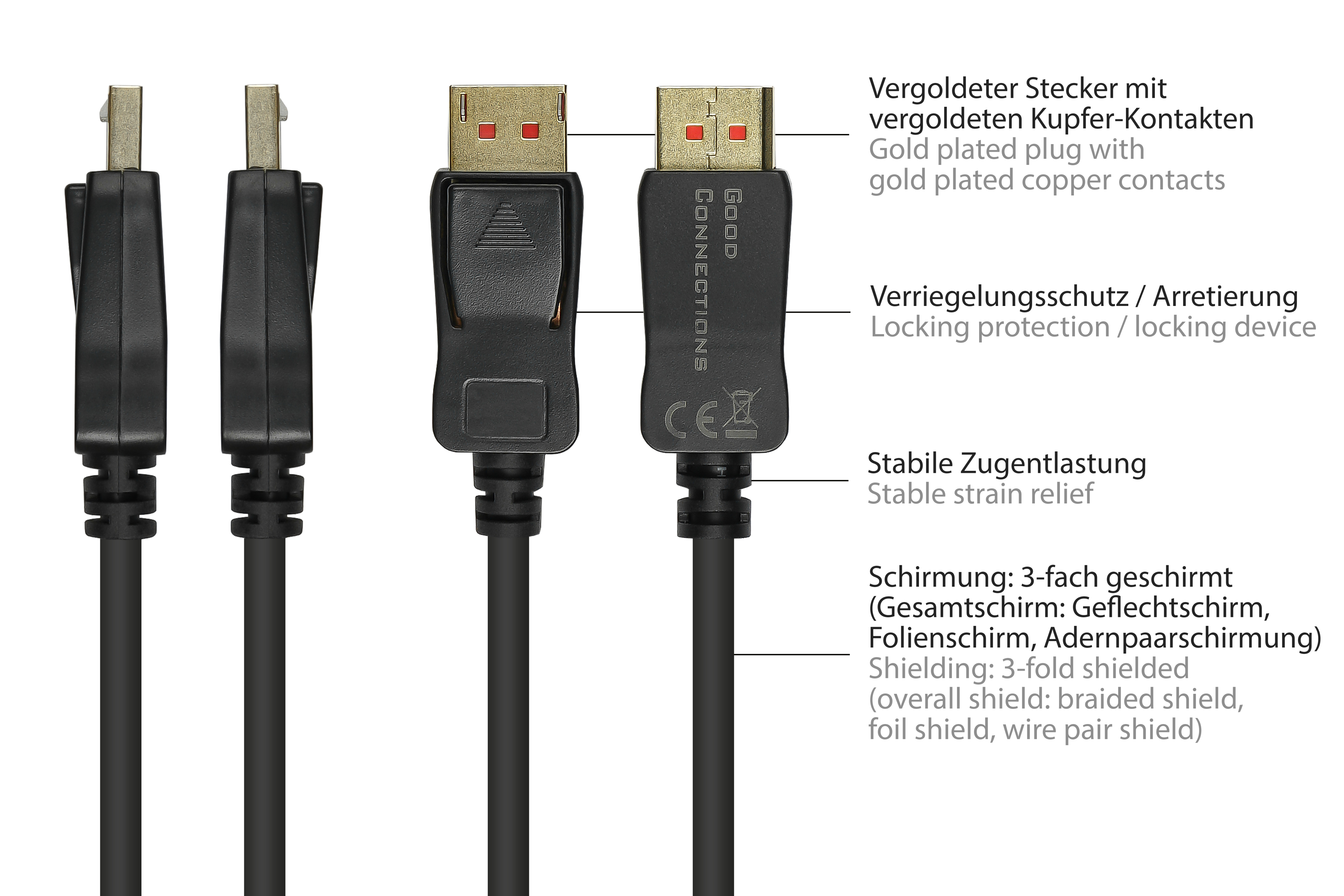 Vier schwarze Displayport-Kabel mit vergoldeten Steckern. Text beschreibt die Eigenschaften.
