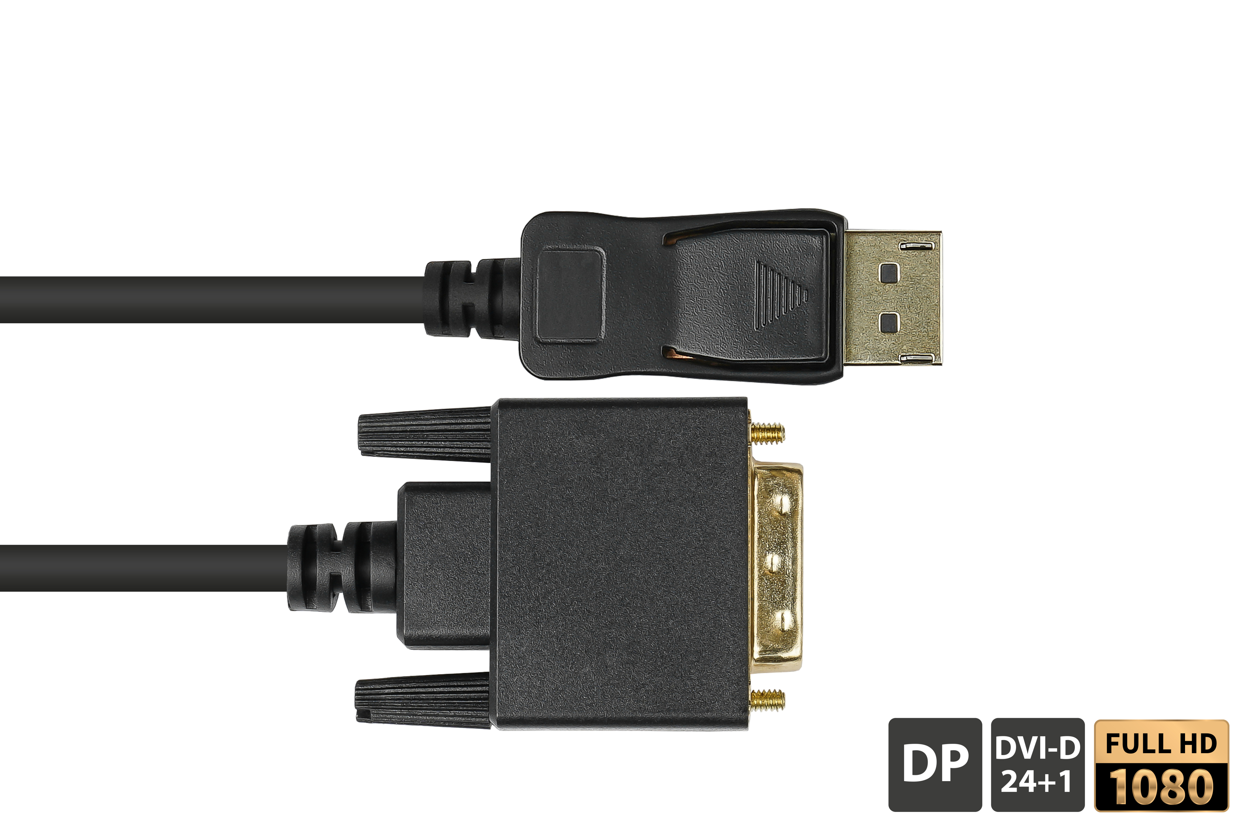 Ein schwarzes DisplayPort-zu-DVI-D-Kabel mit Anschlüssen vor weißem Hintergrund.