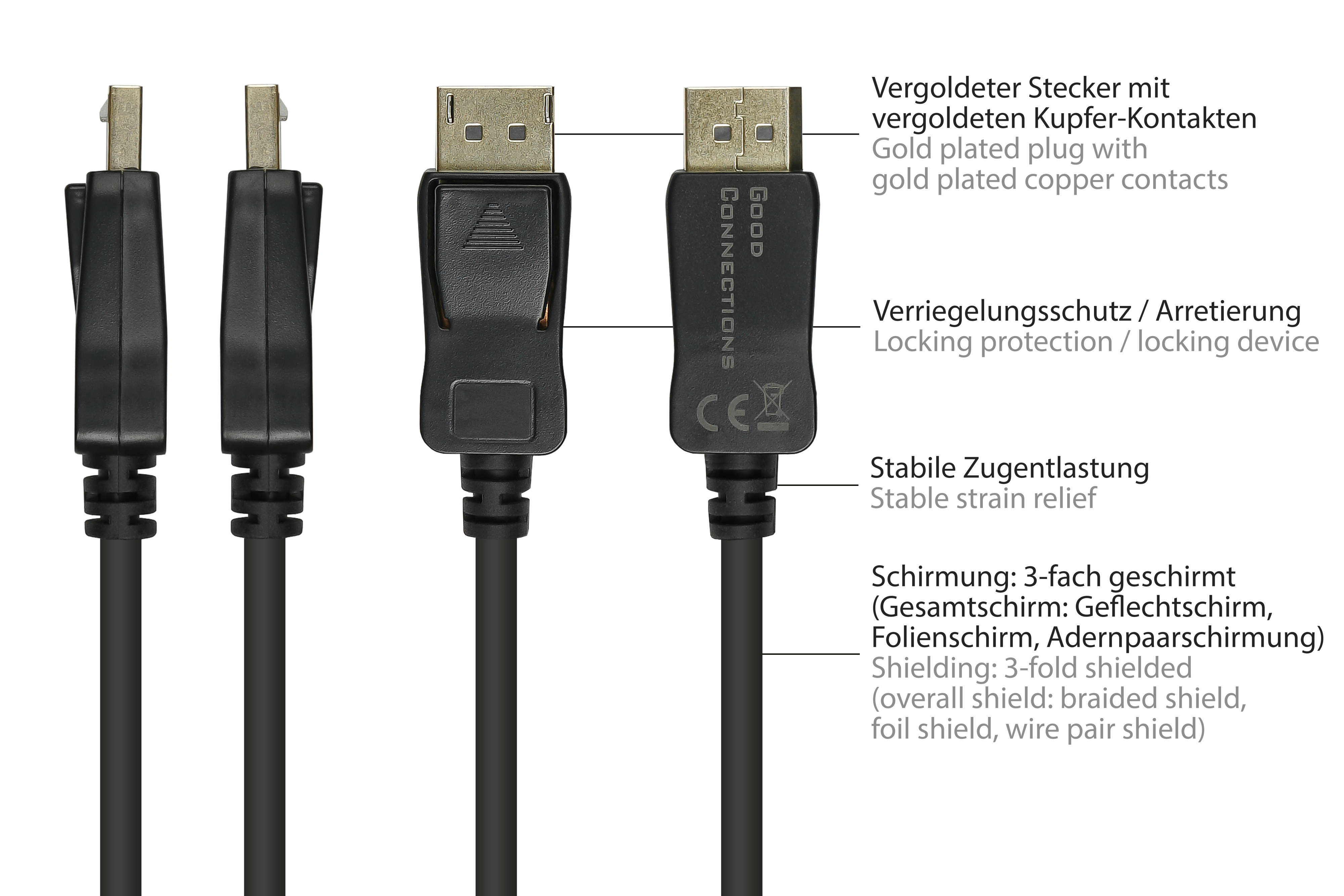 Schwarze DisplayPort-Kabel mit Beschriftung.