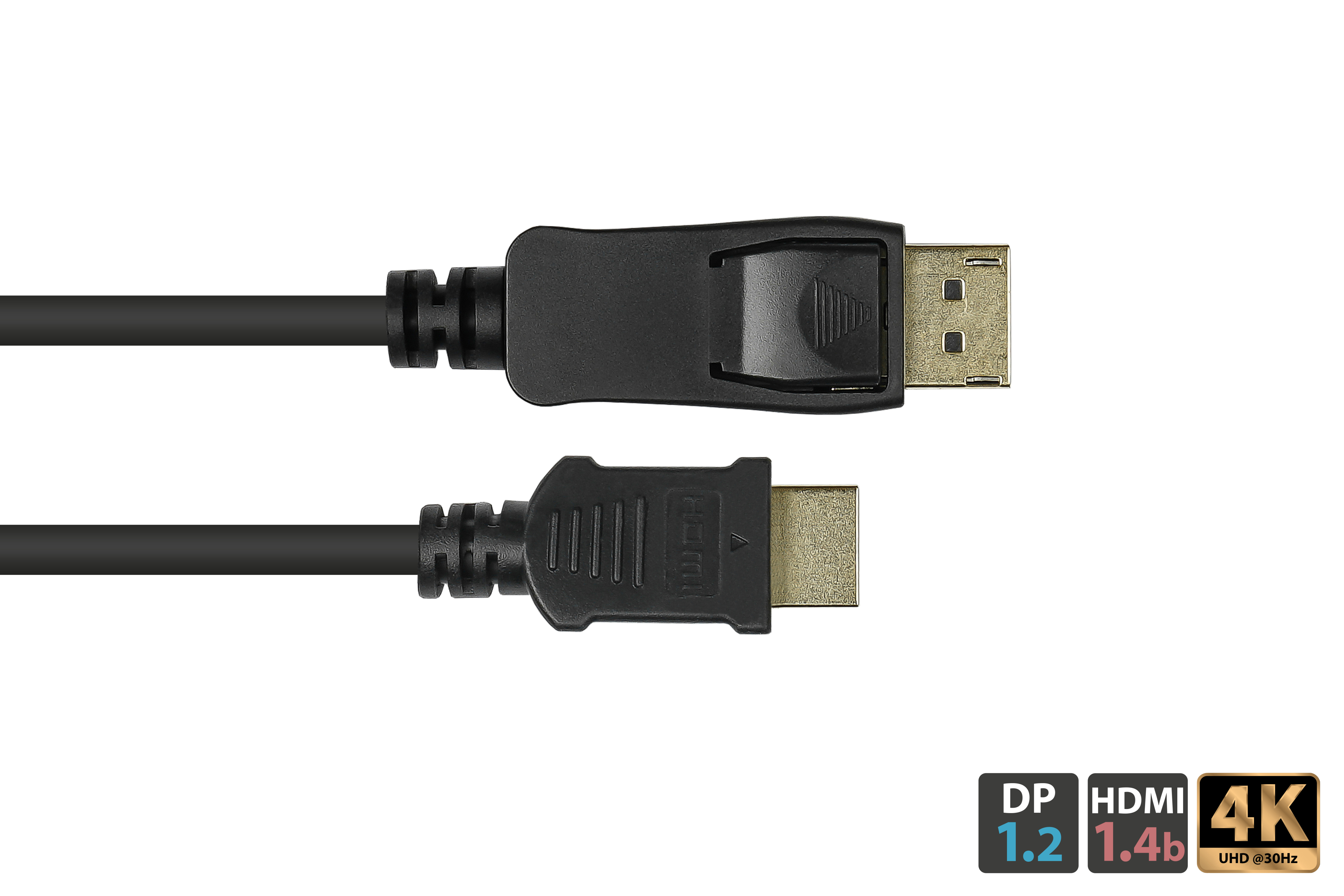 Schwarzes DisplayPort-zu-HDMI-Kabel mit Anschlüssen an beiden Enden auf weißem Hintergrund.