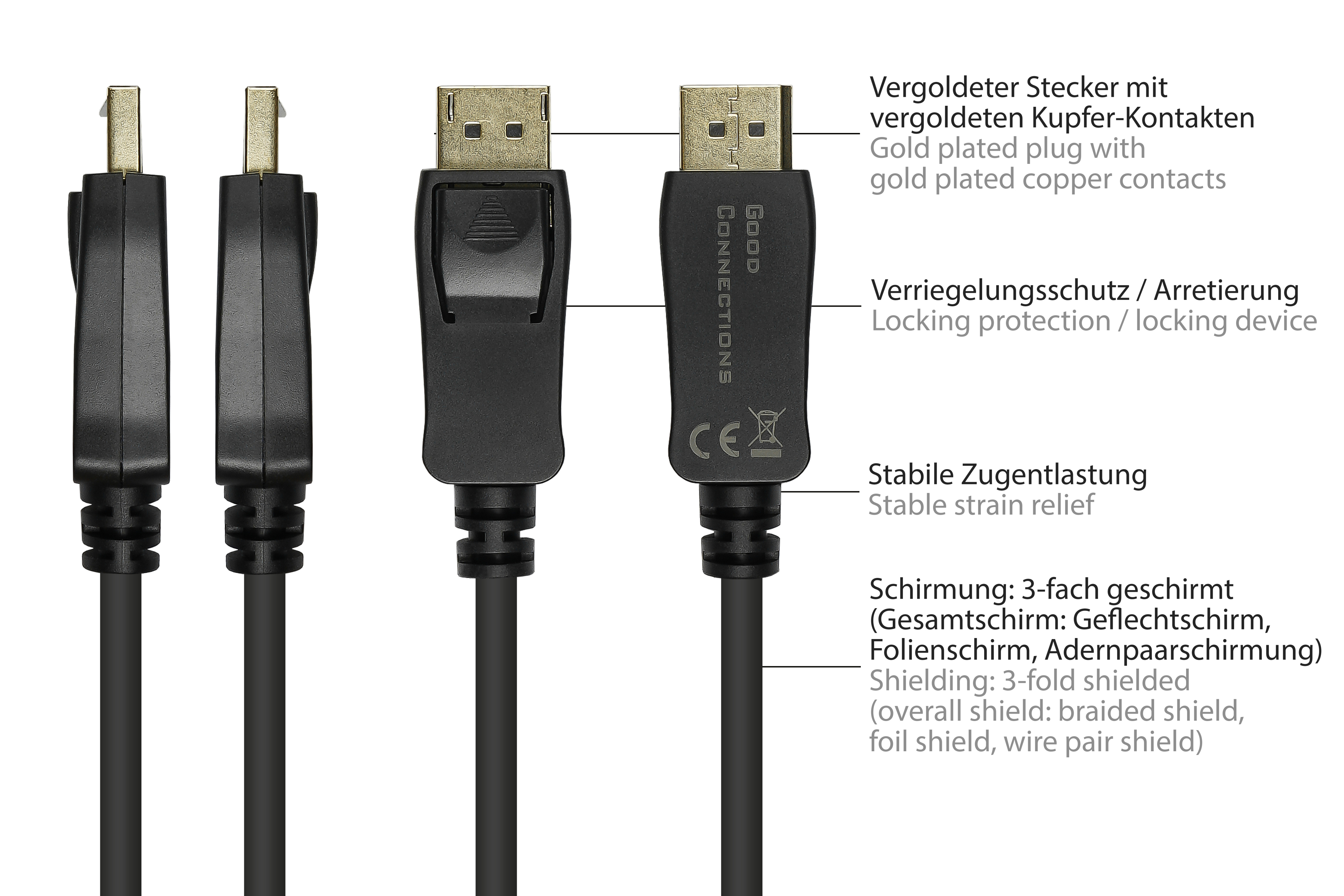 Vier schwarze DisplayPort-Kabel mit Beschriftungen. Vergoldete Stecker und Zugentlastung sind beschriftet.