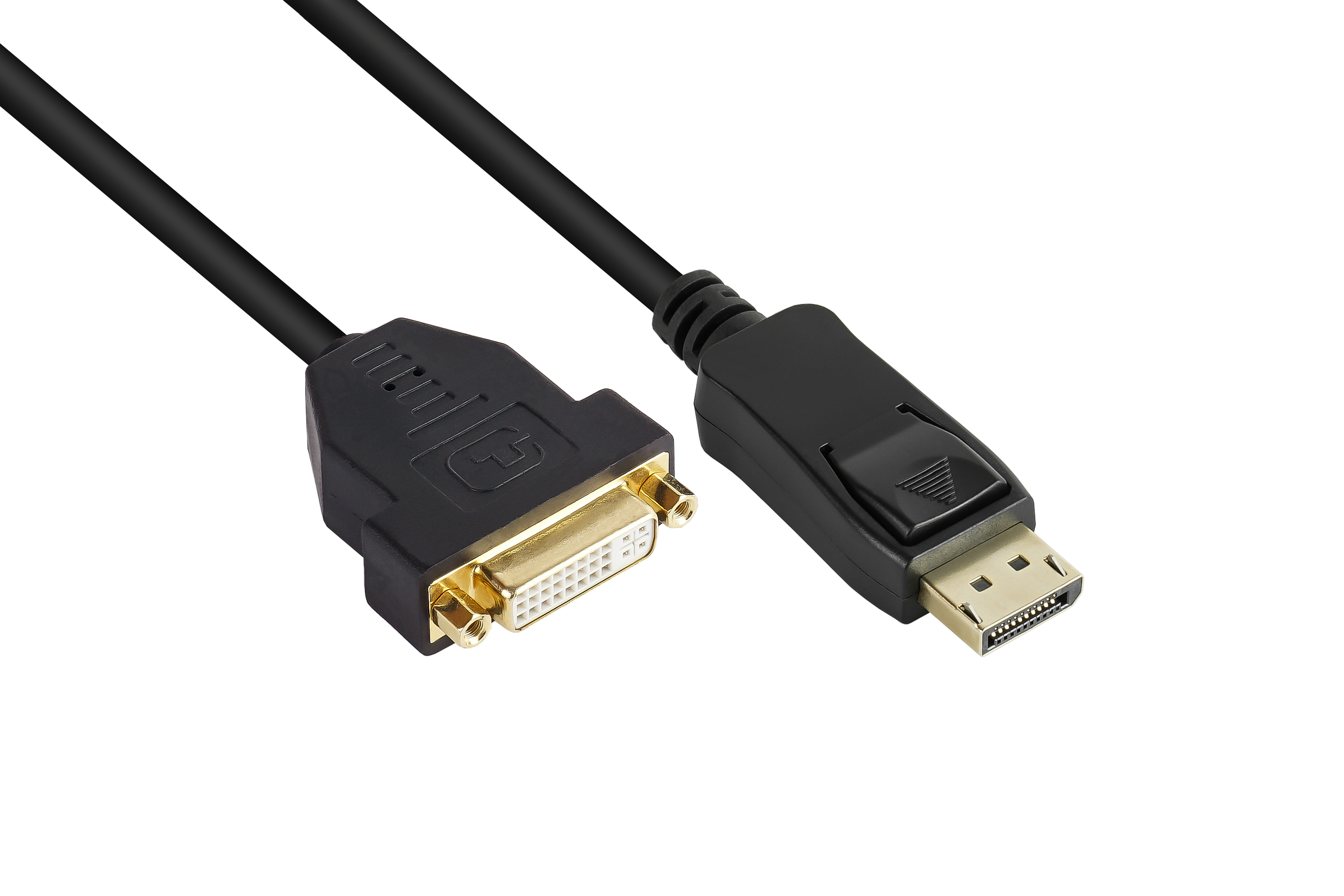 Schwarz-DVI-zu-DisplayPort-Kabel mit goldenen Steckern. Das Kabel ist schwarz, auf weißem Grund.